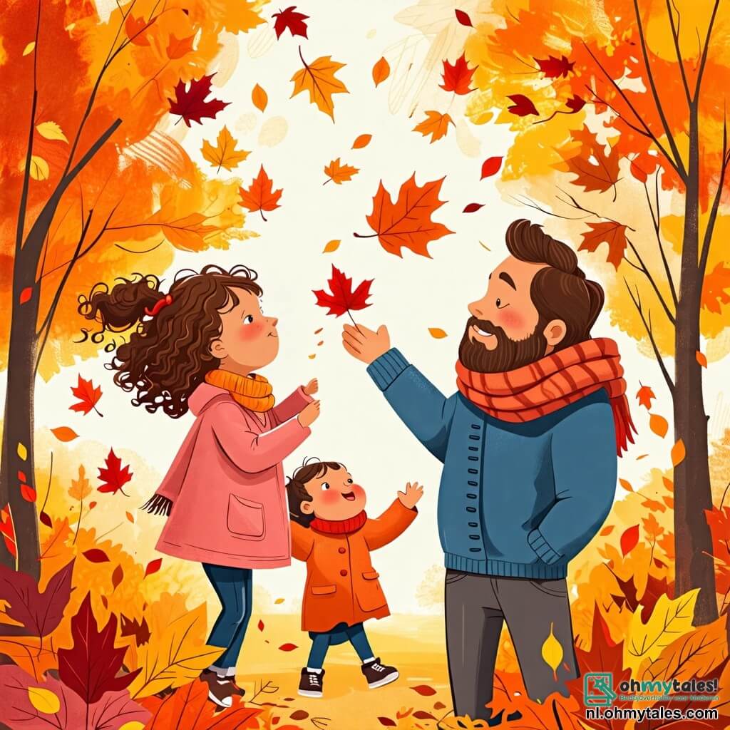 Une illustration sous forme de dessin destinée aux enfants représentant un parc automnal rempli de feuilles jaunes, oranges et rouges tombant des arbres, où une petite fille de 2 ans aux cheveux bouclés et aux yeux pétillants, vêtue d'un manteau rose, s'amuse à souffler sur un grand feuillage pour le faire voler, tandis que ses parents, un papa barbu en pull bleu et une maman aux cheveux longs en écharpe, l'observent avec des sourires joyeux, créant une atmosphère chaleureuse et ludique de bonheur familial en cette belle journée d'automne.