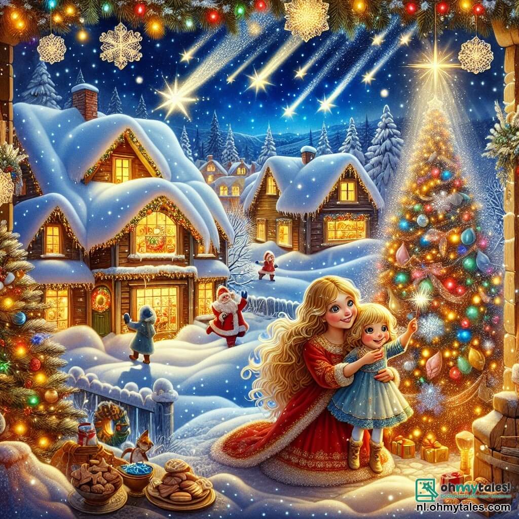 Une illustration destinée aux enfants représentant une petite fille aux cheveux dorés, pétillante de joie et d'innocence, dans un charmant village enneigé où les flocons dansent comme des étoiles filantes, entourée de sa douce maman au sourire chaleureux, alors qu'elles décorent ensemble un majestueux sapin scintillant de mille feux dans leur salon empli de l'odeur sucrée de biscuits de Noël, tandis qu'à l'extérieur, les lumières colorées illuminent les maisons en bois aux toits recouverts de neige, créant une atmosphère magique et festive, où la petite fille rêve de l'arrivée imminente du mystérieux et jovial homme en rouge qui distribue des cadeaux aux enfants sages.