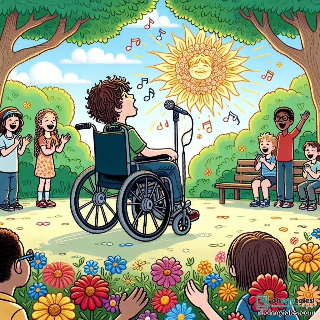 Une illustration sous forme de dessin destinée aux enfants représentant un parc ensoleillé, rempli de fleurs colorées et d'arbres verdoyants, où un garçon de 9 ans aux cheveux bruns et bouclés, souriant et assis dans sa chaise roulante, chante joyeusement sur une petite scène improvisée, tandis qu'un groupe d'enfants, dont une fille aux tresses et un garçon aux lunettes, l'encourage en applaudissant et en souriant, illustrant ainsi le thème de l'amitié et de la célébration des talents, malgré les défis.