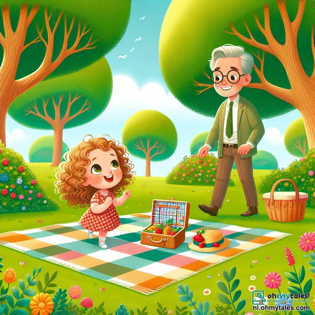 Une illustration sous forme de dessin destinée aux enfants représentant un parc ensoleillé avec de grands arbres verdoyants et des fleurs colorées, où une petite fille de 4 ans aux cheveux bouclés et aux yeux pétillants prépare une surprise pour son papa en étalant une nappe à carreaux sur l'herbe, tandis qu'un homme souriant, avec une barbe légère et des lunettes, s'approche d'elle avec curiosité, et la scène est remplie de joie, de rires et d'une boîte de pique-nique colorée contenant des sandwiches et des fruits.