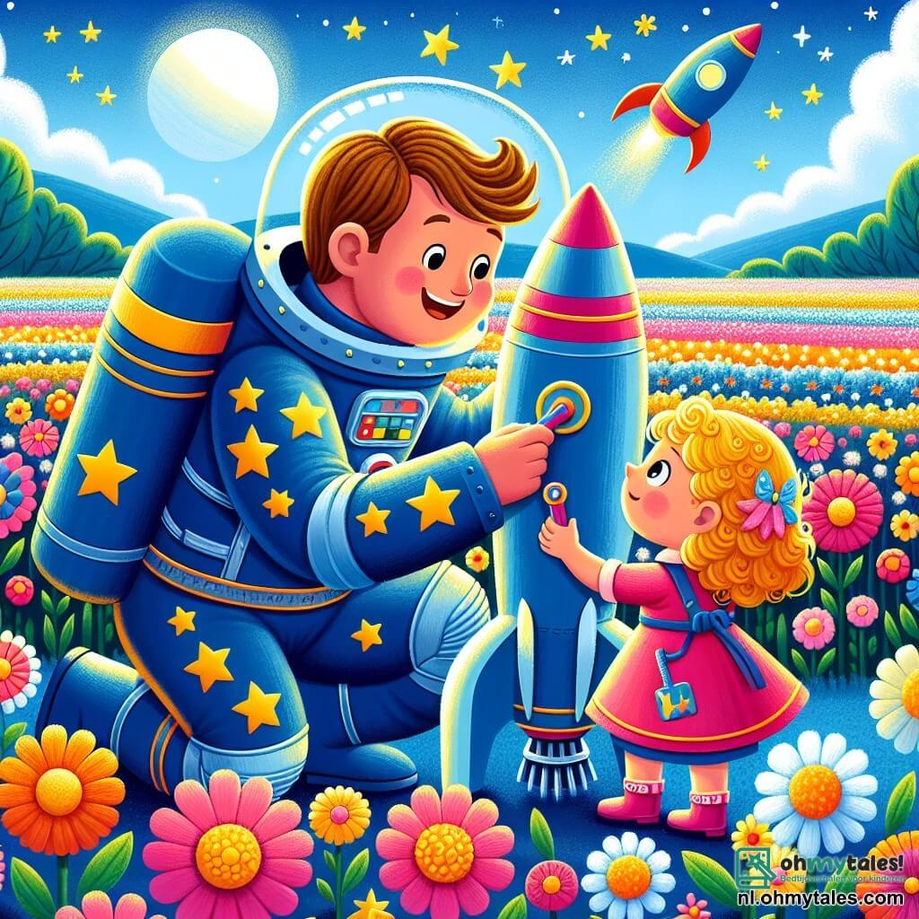 Une illustration sous forme de dessin destinée aux enfants représentant un vaste champ de fleurs colorées sous un ciel bleu éclatant, où un homme en combinaison spatiale bleue ornée d'étoiles, avec un grand sourire et des cheveux bruns, est penché sur sa grande fusée brillante, en train de réparer un panneau de contrôle, tandis qu'une petite fille aux cheveux blonds et bouclés, vêtue d'une robe rose, l'observe avec des yeux émerveillés, tenant un outil coloré, illustrant leur collaboration joyeuse pour préparer une aventure spatiale vers les étoiles.