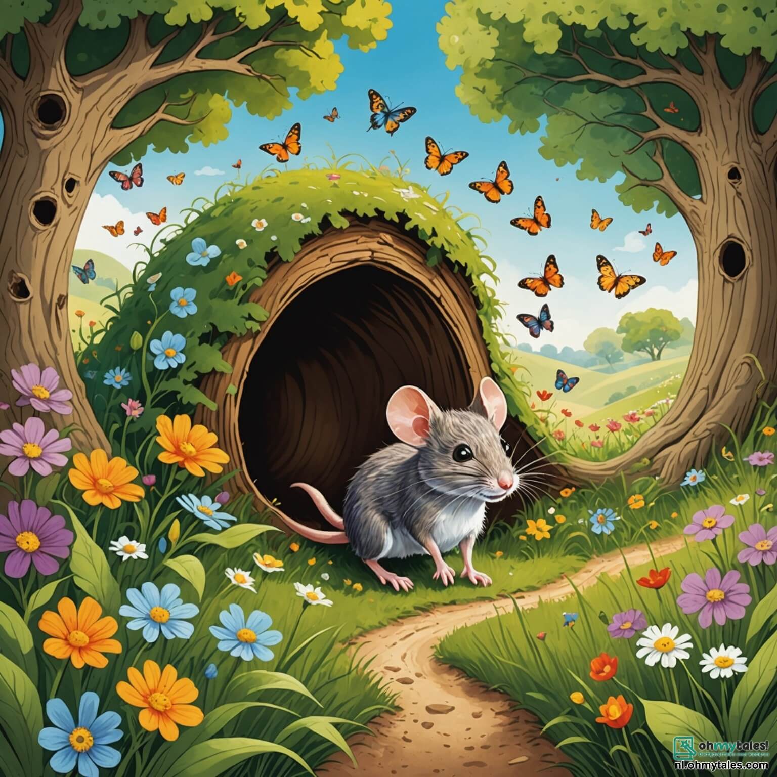 Une illustration destinée aux enfants représentant une petite souris au pelage soyeux et aux yeux pétillants de curiosité, se faufilant avec bravoure à travers un champ verdoyant parsemé de fleurs colorées et de papillons virevoltant, tandis qu'elle s'aventure hors de son confortable terrier sous un grand chêne noueux, désireuse de découvrir le monde fascinant qui l'entoure, tout en croisant le chemin d'un rusé renard à la fourrure flamboyante et d'une sage chouette perchée sur une branche, qui lui enseignent les secrets de la forêt et les dangers à éviter.