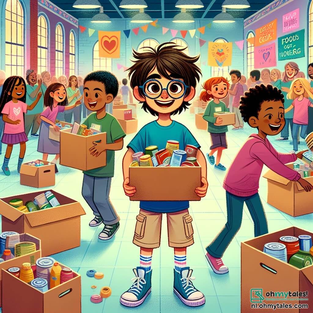 Illustratie van een levendige scène in een grote, lichte zaal van een gemeenschapcentrum. De muren zijn geschilderd in felle kleuren, met bemoedigende posters aan de muur, en de tafels zijn vol met dozen met voedsel en kleding. In het midden staat een 11-jarig jongetje met rommelig kastanjebruin haar en een bril, dat breed glimlacht terwijl hij een grote kartonnen doos vol voedselproducten vasthoudt. Hij draagt een blauwe t-shirt en een beige korte broek, en lijkt zeer enthousiast. Om hem heen nemen verschillende kinderen van verschillende leeftijden deel aan het evenement: een 10-jarig meisje met vlechten en een roze t-shirt, dat helpt met het sorteren van voedsel, en een 12-jarig jongetje met krullend haar en een groene hoodie, dat een andere doos vervoert. Allen hebben blije en vastberaden gezichten. De hoofdscène toont deze kinderen verenigd in een gezamenlijke inspanning om donaties te verzamelen voor mensen in nood, wat een gevoel van solidariteit en hoop illustreert. Extra grafische elementen zijn papieren zakken met hartjes erop getekend, kleurrijke labels met de tekst "Help ons helpen" en stralende glimlachen op de gezichten van de kinderen, wat een warme en uitnodigende sfeer creëert.