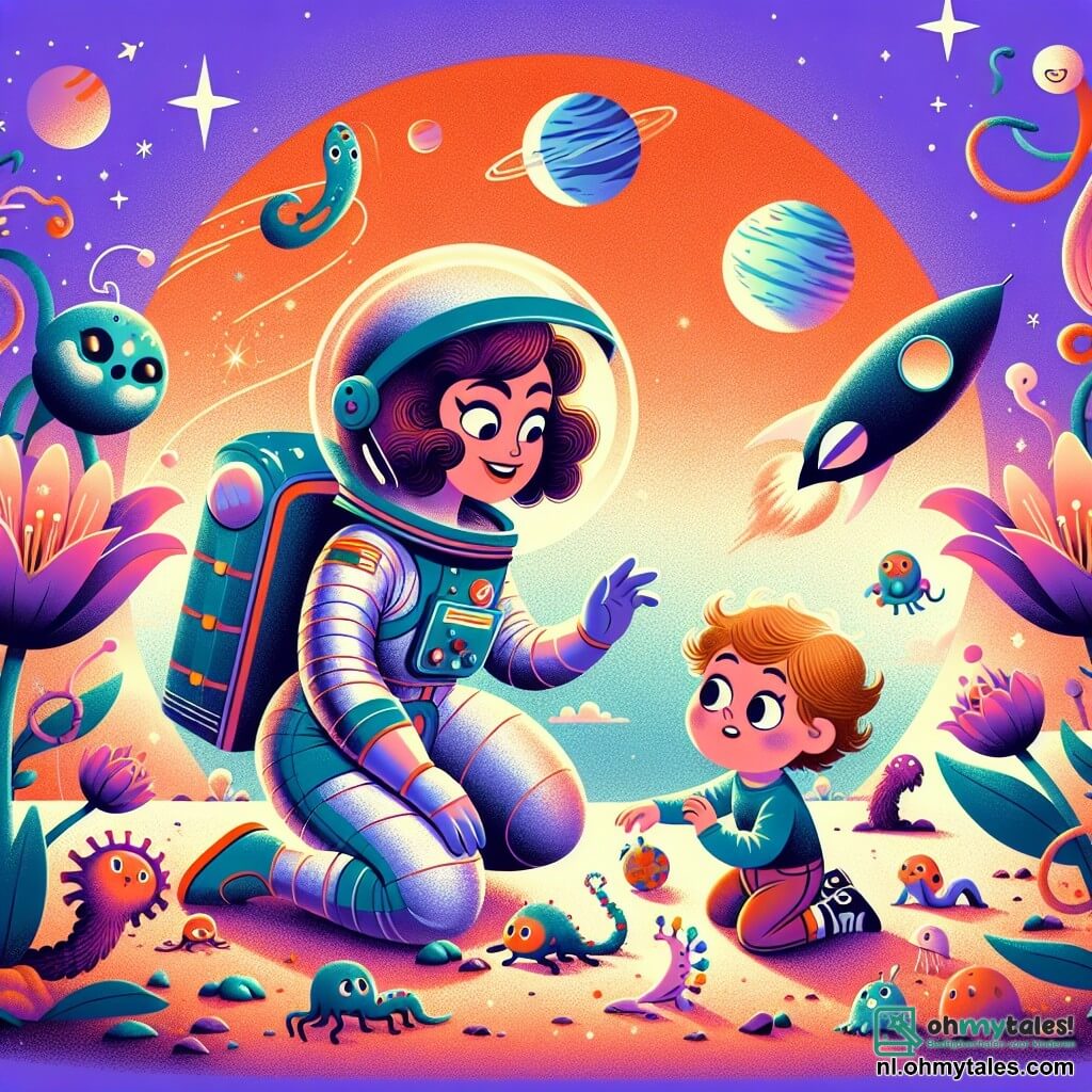 Une illustration sous forme de dessin destinée aux enfants représentant une planète colorée avec un ciel orange et de grandes fleurs violettes, où une astronaute courageuse, une femme aux cheveux bruns et bouclés, vêtue d'un espace brillant et scintillant, est accroupie en train d'explorer le sol, tandis qu'un petit garçon aux yeux pétillants et aux cheveux blonds, tenant une petite fusée en jouet, l'observe avec émerveillement, tous deux entourés de créatures étranges et joyeuses qui dansent autour d'eux, capturant l'esprit d'aventure et de découverte de leur journée ensemble.