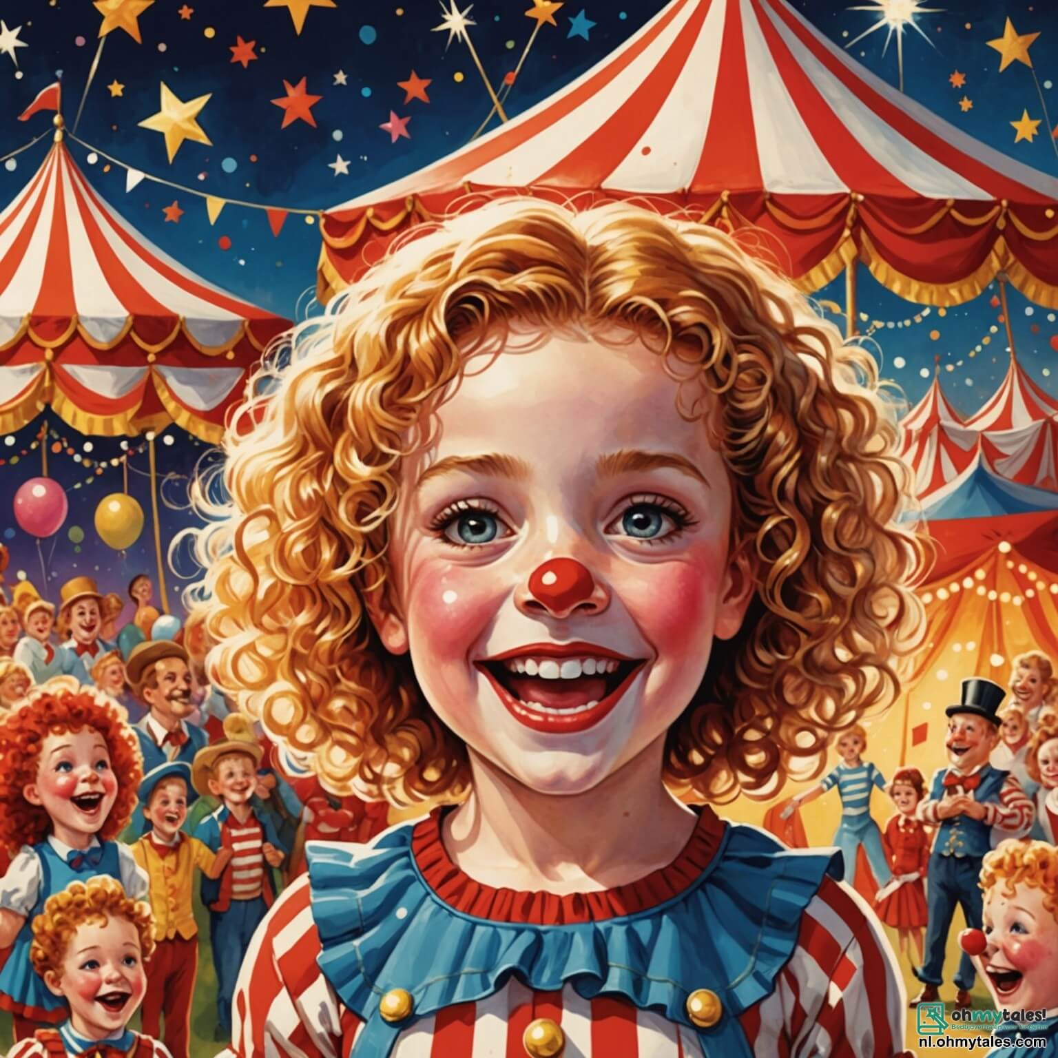 Une illustration destinée aux enfants représentant une petite fille aux cheveux bouclés et dorés, illuminée par les lumières scintillantes d'un cirque flamboyant, où elle se tient émerveillée devant la grande tente rayée de rouge et de blanc, entourée de personnages colorés tels qu'un clown jovial à la grande bouche rieuse et un acrobate musclé, tous deux hommes, tandis qu'au-dessus d'eux, des étoiles brillent comme des confettis dans un ciel nocturne, créant une atmosphère magique et festive où la petite fille rêve de devenir une funambule audacieuse, prête à réaliser des exploits incroyables au-dessus de la foule enjouée.