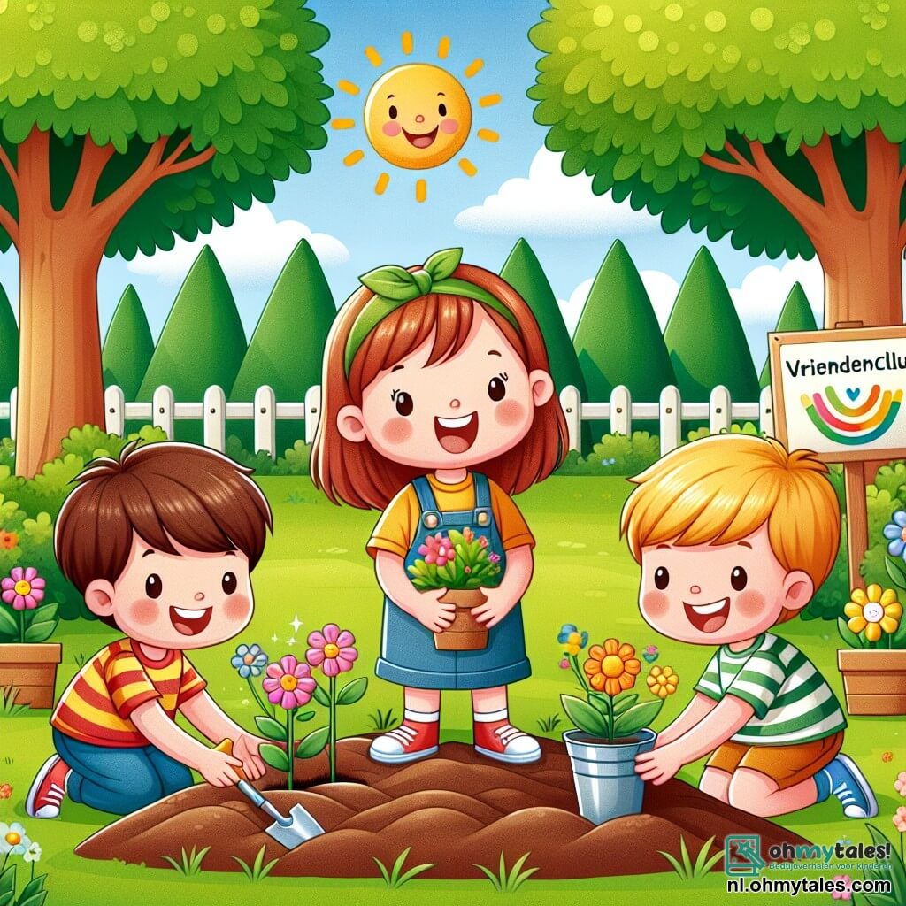Une illustration sous forme de dessin destinée aux enfants représentant un parc ensoleillé avec de grands arbres verts et des fleurs colorées, où un groupe de trois enfants de 9 ans, deux garçons aux cheveux bruns et un garçon aux cheveux blonds, s'affairent joyeusement à planter des fleurs dans la terre, tandis qu'une fille aux cheveux châtains, souriante et portant un t-shirt coloré, tient une pancarte "Vriendenclub" et encourage ses amis, illustrant ainsi l'esprit d'amitié et de coopération dans leur projet de rendre leur quartier plus beau.
