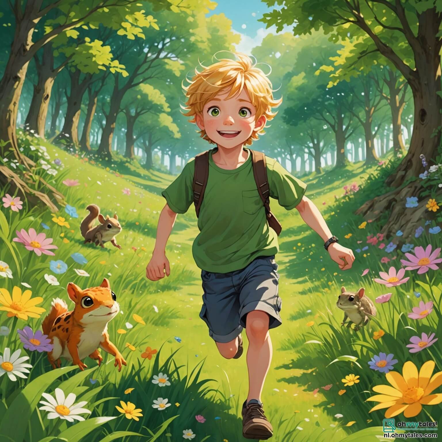 Une illustration destinée aux enfants représentant un garçon aux cheveux dorés et aux yeux pétillants, courant joyeusement à travers un champ verdoyant parsemé de fleurs colorées qui dansent sous la brise légère du printemps, tandis qu'il explore un bois enchanté où se cachent une petite grenouille espiègle et un écureuil curieux, tous deux animés par l'esprit d'aventure, le tout baigné dans la douce lumière du soleil qui filtre à travers les feuilles des arbres majestueux, créant un tableau vivant de joie et de découverte.