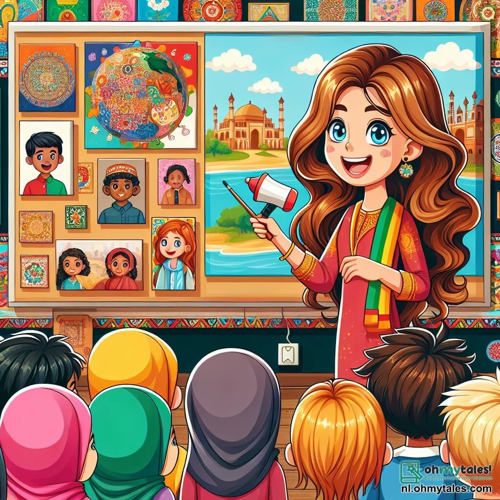 Une illustration sous forme de dessin destinée aux enfants représentant un centre culturel vibrant et coloré, avec des murs ornés d'œuvres d'art du monde entier ; une fille de 11 ans aux longs cheveux châtain ondulés et aux yeux bleus, souriante et en train de préparer une présentation avec une autre fille de 11 ans, portant un magnifique hijab coloré et un sourire chaleureux, tandis qu'autour d'elles, des enfants de différentes origines ethniques, y compris un garçon aux cheveux blonds et un autre garçon d'origine indienne, écoutent attentivement, illustrant l'esprit de diversité et de camaraderie qui règne dans cet espace d'apprentissage et de partage.