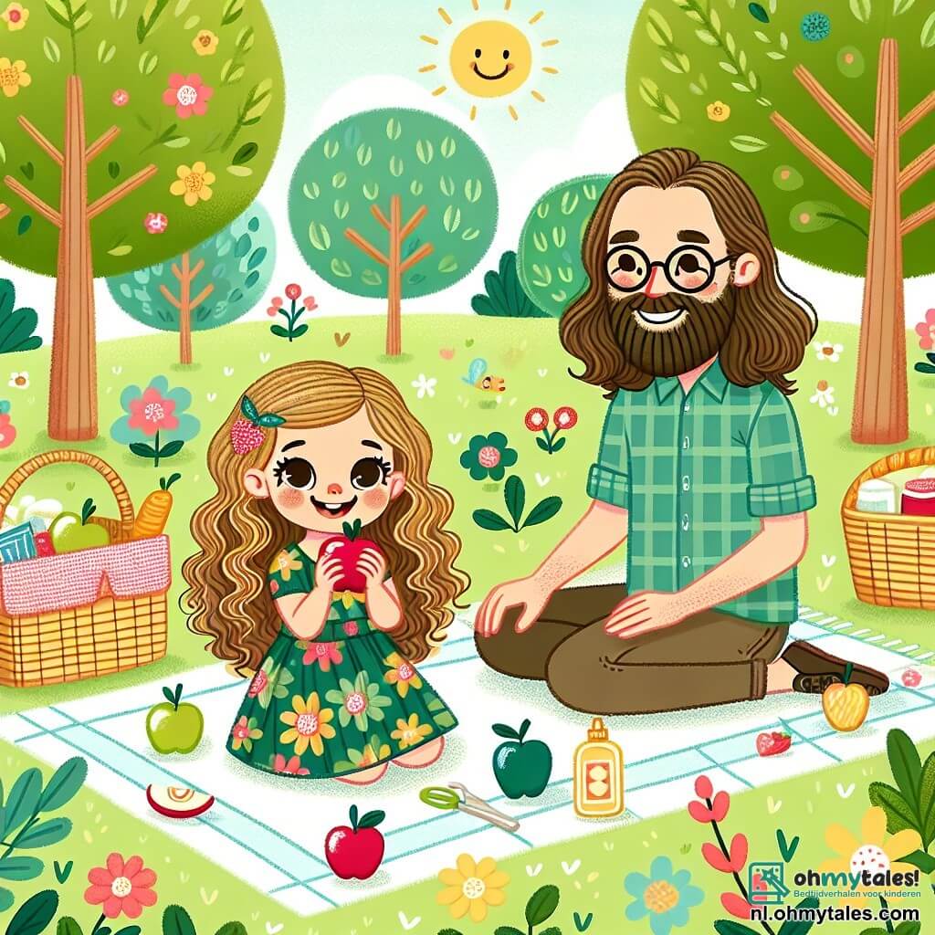 Une illustration sous forme de dessin destinée aux enfants représentant un parc ensoleillé avec des arbres verdoyants et des fleurs colorées, où une petite fille de 3 ans aux cheveux bouclés et aux yeux pétillants, vêtue d'une robe à fleurs, est assise sur une couverture de pique-nique en train de déguster une pomme, tandis que ses parents, une maman souriante aux cheveux longs et un papa barbu portant des lunettes, s'installent à côté d'elle avec une grande panière remplie de délices, le tout évoquant une joyeuse journée d'été en famille.