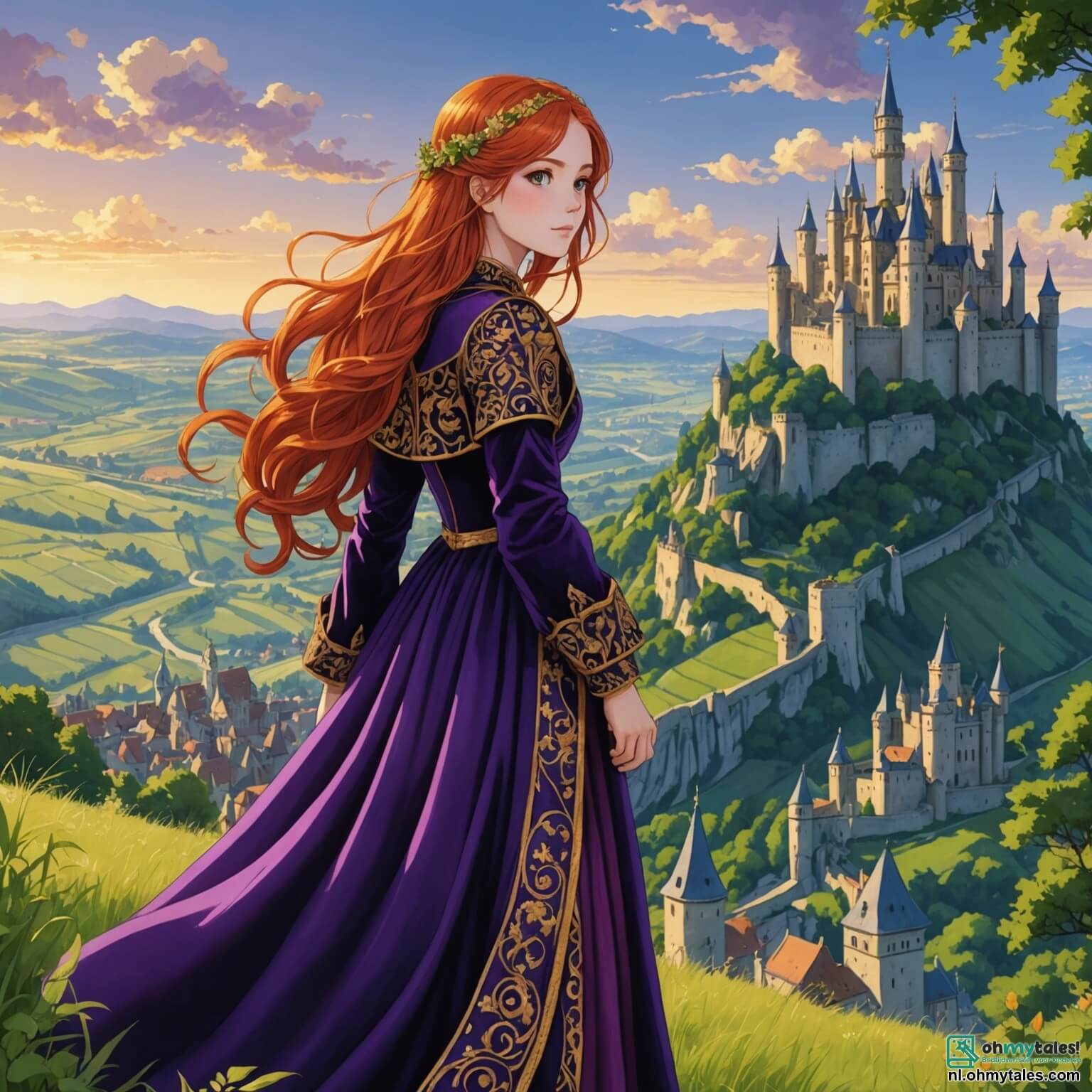 Une illustration destinée aux enfants représentant une jeune femme à la chevelure flamboyante, drapée dans une robe de velours pourpre ornée de broderies dorées, se tenant fièrement au sommet d'une colline verdoyante surplombant un royaume médiéval, où des châteaux majestueux aux tours élancées se dressent contre un ciel azur, tandis qu'elle scrute l'horizon en quête d'aventures, accompagnée de son fidèle ami, un jeune garçon aux yeux pétillants de curiosité, qui porte un arc en bois sculpté et un carquois rempli de flèches, tous deux déterminés à percer le mystère d'une ancienne prophétie cachée dans les profondeurs d'une forêt enchantée, où les arbres millénaires murmurent des secrets oubliés et où des créatures magiques, comme des fées lumineuses et des licornes majestueuses, errent librement sous le doux éclat de la lune argentée.