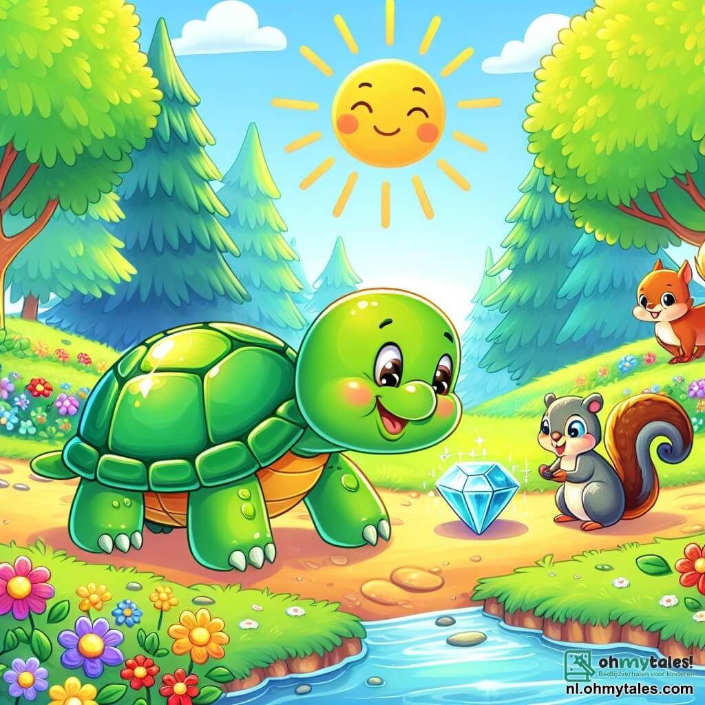 Une illustration sous forme de dessin destinée aux enfants représentant une scène ensoleillée dans une forêt colorée, où une tortue joyeuse avec une carapace verte brillante et un grand sourire explore un chemin bordé de fleurs éclatantes, tandis qu'un petit écureuil aux yeux pétillants et une joyeuse petite oiseau aux plumes multicolores l'observent avec curiosité, alors qu'ils découvrent ensemble une grande pierre scintillante au bord d'un ruisseau, symbolisant leur amitié et l'aventure qu'ils partagent.