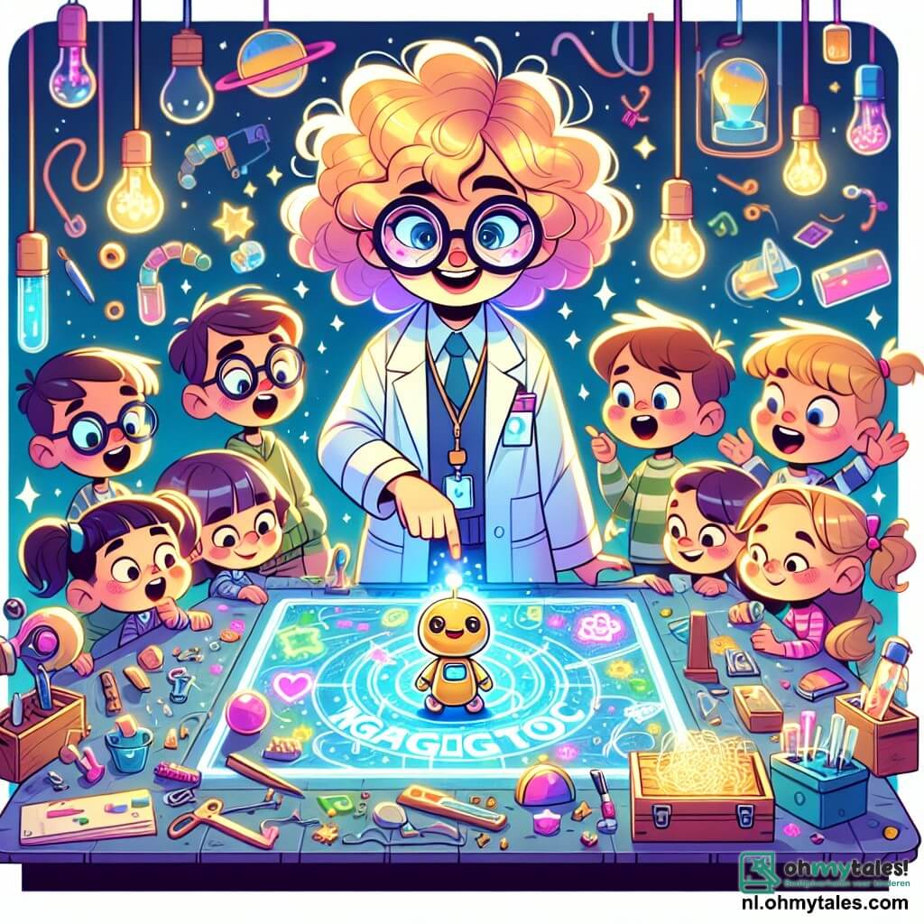 Une illustration sous forme de dessin destinée aux enfants représentant un atelier coloré et chaotique rempli d'outils brillants et de matériaux divers, où une femme aux cheveux bouclés et aux lunettes rondes, vêtue d'une blouse de laboratoire, sourit en montrant une table magique interactive entourée de plusieurs enfants, des garçons et des filles aux expressions émerveillées, qui s'apprêtent à interagir avec un petit robot souriant, illustrant l'instant où ils découvrent ensemble le plaisir d'apprendre à travers les inventions.