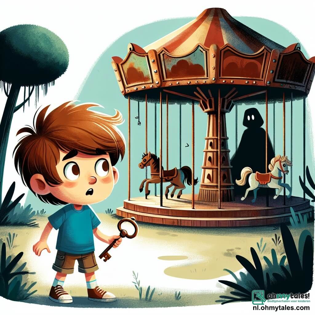 Une illustration sous forme de dessin destinée aux enfants représentant un vieux parc d'attractions abandonné, avec des manèges rouillés et des arbres envahissants, où un garçon de 11 ans aux cheveux bruns en bataille, portant un t-shirt bleu et un short, tient une vieille clé rouillée dans sa main, regardant avec curiosité une ombre mystérieuse qui se profile derrière une draaimolen, tandis qu'une fille aux cheveux longs et blonds, vêtue d'une robe légère, l'observe avec des yeux inquiets, suggérant une atmosphère à la fois intrigante et légèrement effrayante.
