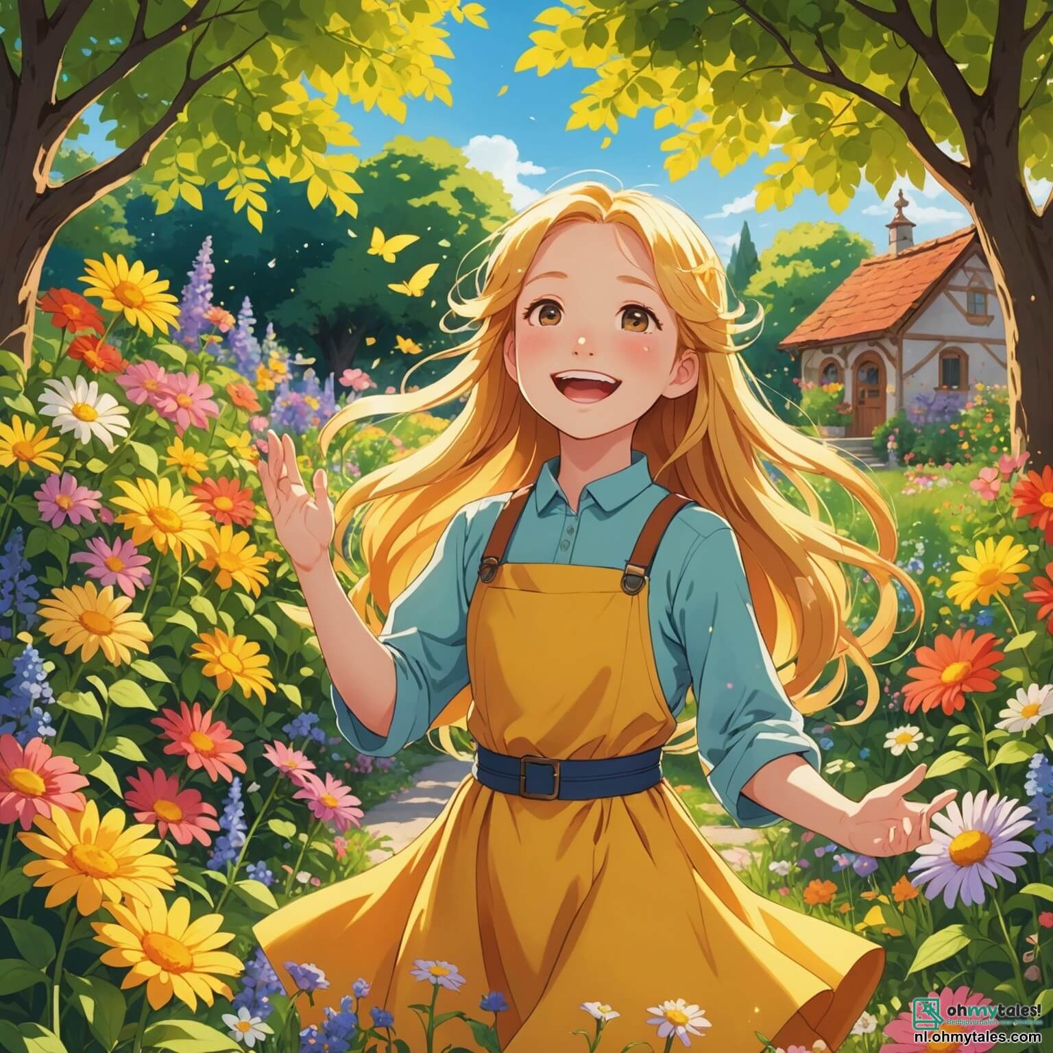 Une illustration destinée aux enfants représentant une femme au sourire éclatant, avec des cheveux dorés flottant comme des rayons de soleil, chantant joyeusement dans son jardin coloré, entourée de fleurs éclatantes de toutes les couleurs, où de petits enfants, des garçons et des filles, aux yeux pétillants d'excitation, s'assemblent autour d'elle, captivés par la magie de sa voix mélodieuse qui résonne dans l'air doux et parfumé, tandis que des oiseaux aux plumages chatoyants s'arrêtent pour écouter, créant une scène enchantée dans ce petit village pittoresque, où chaque note semble faire danser les pétales des fleurs et vibrer les feuilles des arbres.