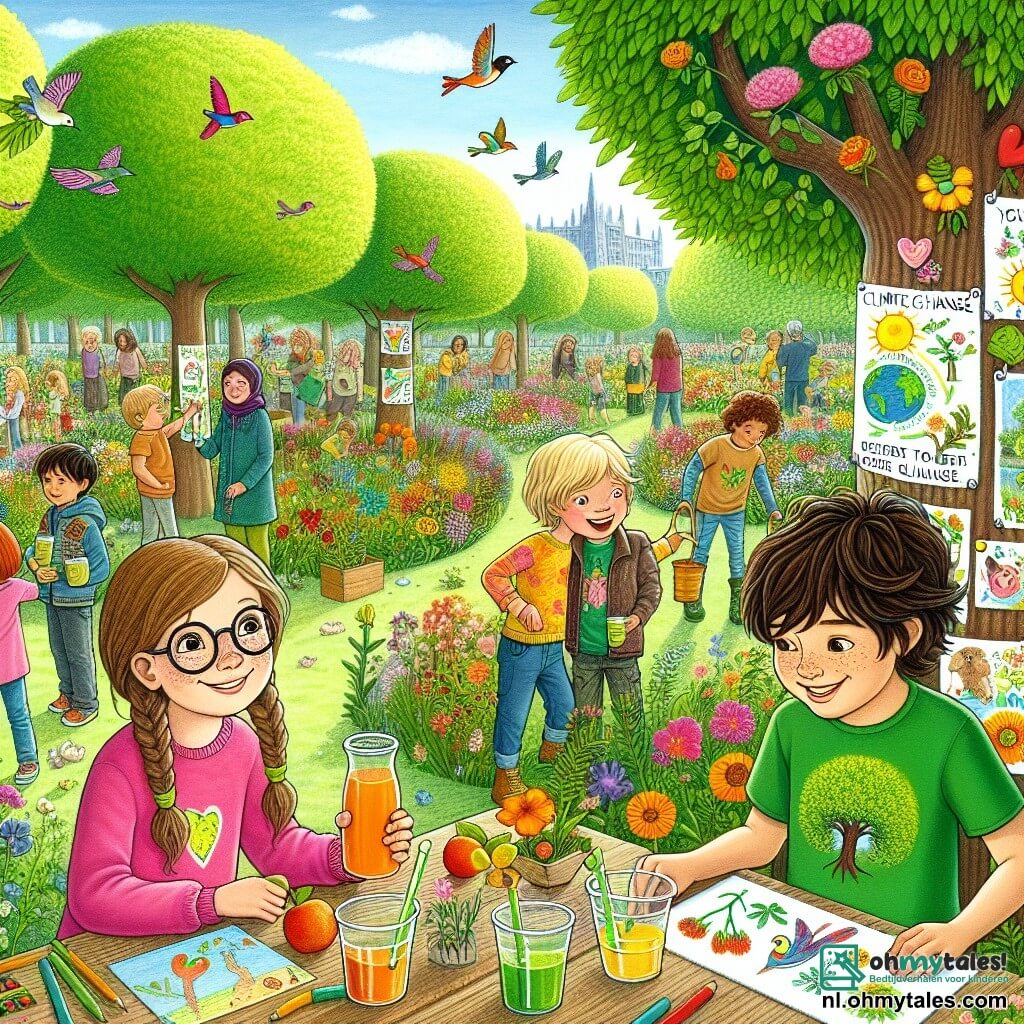 Illustratie van een zonnig park, gevuld met kleurrijke bloemen en grote groene bomen. In het midden staat een klein groepje van drie kinderen rond een houten tafel, versierd met kleurrijke posters over klimaatverandering. Een meisje van ongeveer 10 jaar, met bruin haar en een bril, glimlacht terwijl ze een bekertje fruitsap vasthoudt. Naast haar toont een ander meisje van 9 jaar, met een vlecht van blond haar, trots een tekening van een vogel die ze heeft gemaakt. Ten slotte is er een jongen van 10 jaar, met kastanjebruin haar en een groene t-shirt, druk bezig een poster aan een boom te hangen met boodschappen om het milieu te beschermen. Op de achtergrond verzamelen gezinnen en vrienden zich om bloemen en bomen te planten, terwijl kleurrijke vogels door de blauwe lucht vliegen. De sfeer is vrolijk en vol hoop, wat het engagement van de kinderen voor een betere toekomst symboliseert.