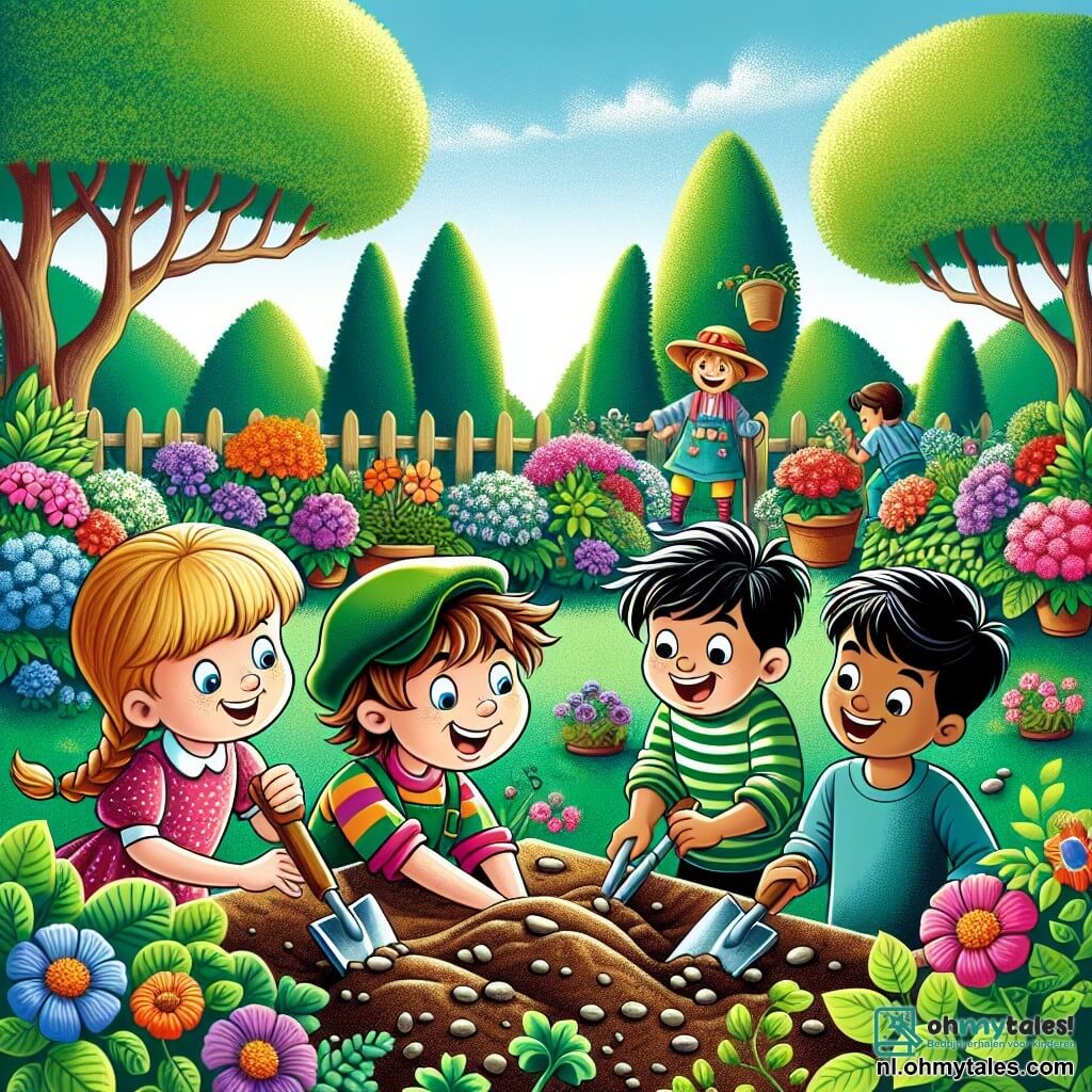 Illustratie van een grote en kleurrijke zonnige tuin, gevuld met stralende bloemen in alle kleuren, grote groene bomen en een goed onderhouden gazon. In het midden staat een 7-jarig jongetje met rommelig bruin haar, een groene pet en een gestreept t-shirt, dat luid lacht terwijl hij met zijn handen in de grond graaft, omringd door aarde en kleine steentjes. Naast hem staan twee vrienden: een 7-jarig meisje met gevlochten blond haar in een roze jurk, dat nieuwsgierig kijkt, en een 8-jarige jongen met zwart haar in een blauwe t-shirt, die zich neerknielt om te helpen graven. Samen zoeken ze naar een mysterieuze "schat" in de tuin van de buurman, lachend en plezier makend, terwijl een blije hond met bruin haar en een kleine grijze kat hen met ondeugende ogen gadeslaan. Gelach en een vrolijke sfeer hangen in de lucht, terwijl de zon schijnt en vogels zingen in de blauwe lucht.