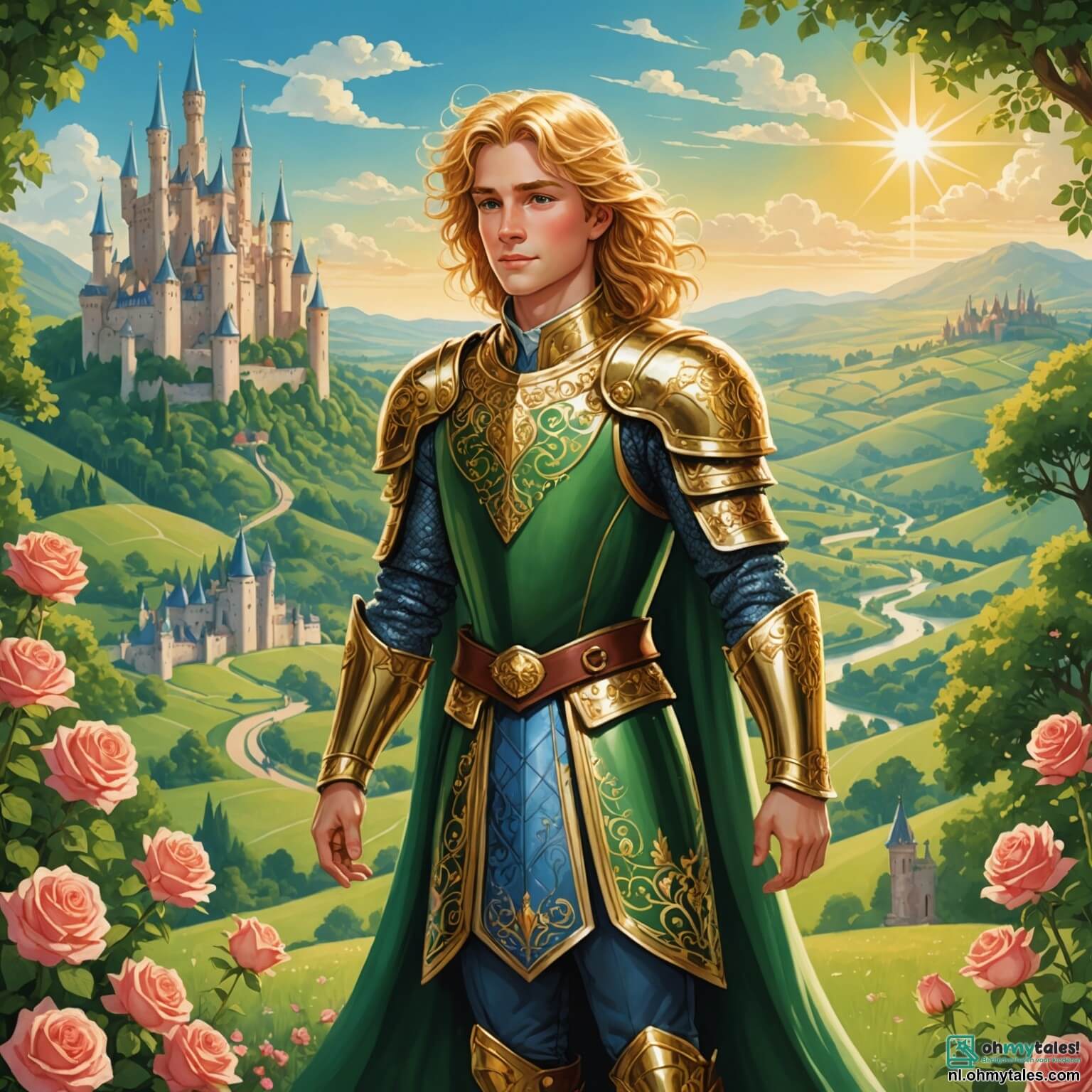 Une illustration destinée aux enfants représentant un prince courageux, aux cheveux dorés scintillant comme les rayons du soleil, vêtu d'une armure étincelante ornée de motifs floraux délicats, se tenant fièrement au sommet d'une colline verdoyante surplombant un royaume enchanteur, où des châteaux majestueux aux tours élancées se dressent parmi des jardins luxuriants remplis de roses parfumées et de fontaines dansantes, tandis qu'à ses côtés, une princesse gracieuse, aux longs cheveux soyeux et à la robe chatoyante qui semble capturer les couleurs de l'arc-en-ciel, l'encourage avec un sourire radieux, alors qu'ils se préparent ensemble à affronter une terrible tempête magique qui menace de plonger leur royaume dans l'obscurité.