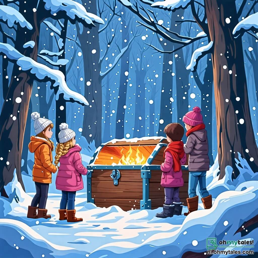 Illustratie van een magische winterscène in een besneeuwd bos. De majestueuze bomen zijn bedekt met een dikke laag glinsterende sneeuw, en de grond is bedekt met ongerepte vlokken. In het midden staat een groep van vier kinderen rond een grote, oude houten kist, gedeeltelijk begraven in de sneeuw. Er is een 11-jarig meisje met gevlochten blond haar, gekleed in een felroze jas en een wollen muts, die met verwonderde ogen naar de kist kijkt. Naast haar buigt een 12-jarige jongen met rommelig bruin haar en een rode sjaal om de inhoud van de kist te bekijken. Een andere jongen van 10 jaar, met een bril en een ondeugende glimlach, maakt enthousiaste gebaren, alsof hij een ongelooflijk verhaal vertelt. Tot slot houdt een 9-jarig meisje met krullend haar en een blauwe jas een klein notitieboekje in haar handen, klaar om hun ontdekkingen op te schrijven. De scène straalt een sfeer van nieuwsgierigheid en avontuur uit, met sneeuwvlokken die zachtjes om hen heen vallen. Op de achtergrond zijn zachte heuvels te zien en enkele bosdieren, zoals een vos en een eekhoorn, die de scène op een afstandje gadeslaan. Het zonlicht valt door de takken en creëert glinsterende schitteringen op de sneeuw.