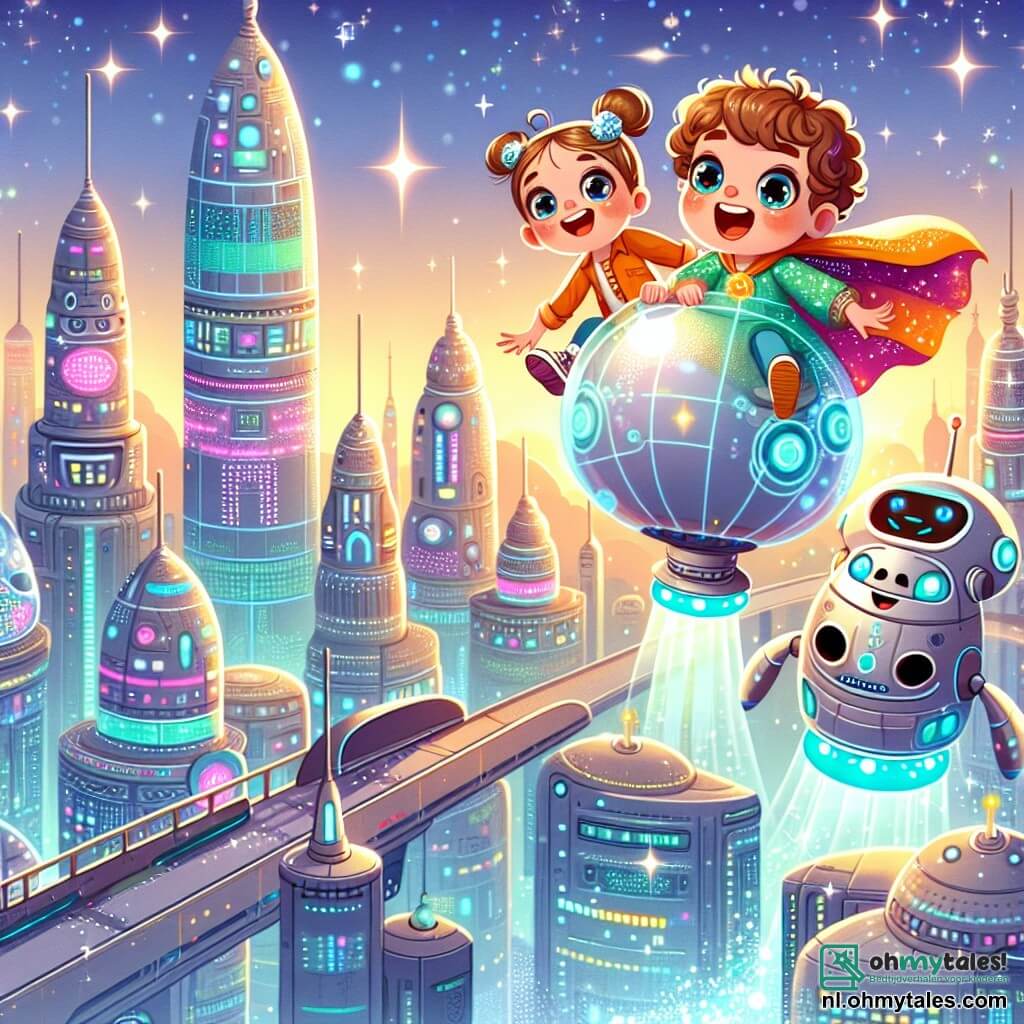 Une illustration sous forme de dessin destinée aux enfants représentant une ville futuriste aux bâtiments scintillants et flottants, avec un garçon de 3 ans aux cheveux bouclés et aux yeux pétillants, qui saute de joie dans un véhicule aérien en forme de grande balle, tandis qu'une fille de son âge, avec des cheveux longs et une robe colorée, sourit à ses côtés, et un robot amical aux formes arrondies les guide, le tout baigné dans une lumière éclatante et des couleurs vives, capturant l'excitation d'une aventure inoubliable.