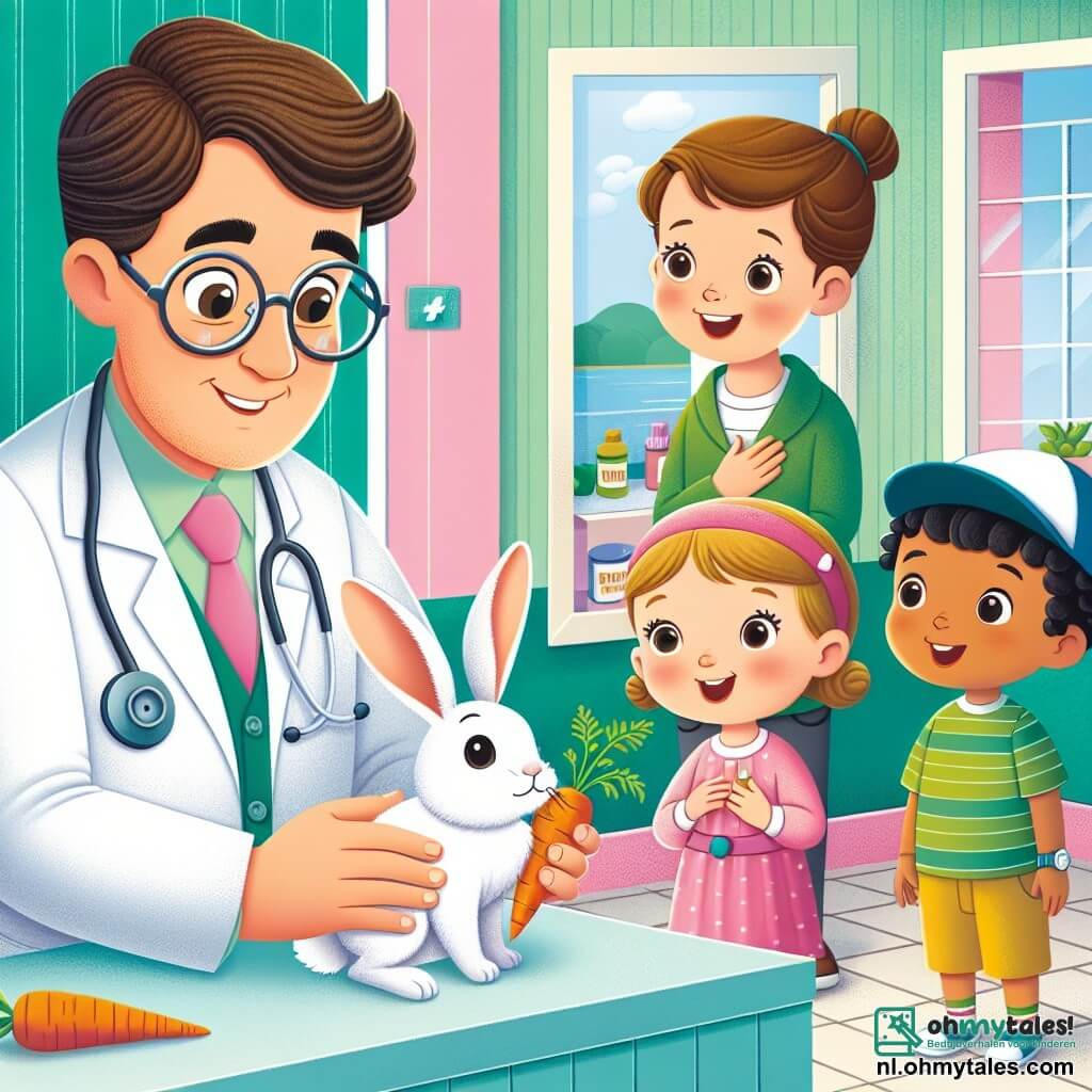 Une illustration sous forme de dessin destinée aux enfants représentant une charmante clinique vétérinaire colorée avec des murs peints en vert pastel, où un homme aux cheveux bruns et aux lunettes rondes, vêtu d'une blouse blanche, examine attentivement un petit lapin aux grandes oreilles, tandis qu'une fille aux cheveux blonds et à la robe rose, tenant une carotte, regarde avec émerveillement et un garçon aux cheveux noirs et à la casquette bleue, souriant tout en tenant un stéthoscope, tous deux fascinés par la scène, illustrant l'importance de prendre soin des animaux.