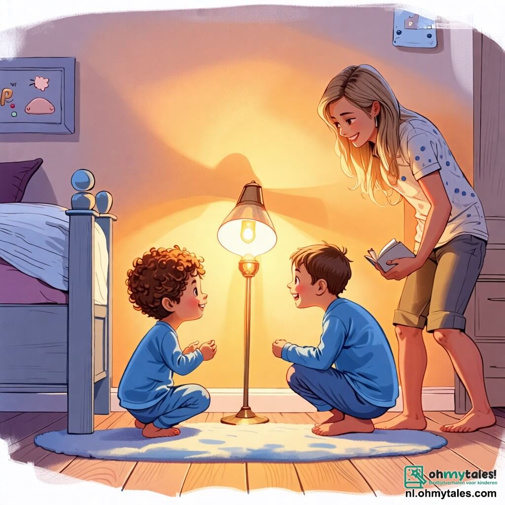 Une illustration sous forme de dessin destinée aux enfants représentant une chambre chaleureuse avec des murs pastel, où un petit garçon de 2 ans aux cheveux bruns et bouclés, vêtu d'un pyjama bleu, regarde avec curiosité une lampe de chevet allumée qui projette des ombres douces sur les murs, tandis que sa maman, une femme souriante aux cheveux longs et blonds, s'accroupit à côté de lui pour le rassurer, et son papa, un homme aux cheveux courts et bruns, entre dans la pièce avec un livre à la main, créant une atmosphère réconfortante et sécurisante face à la peur du noir.