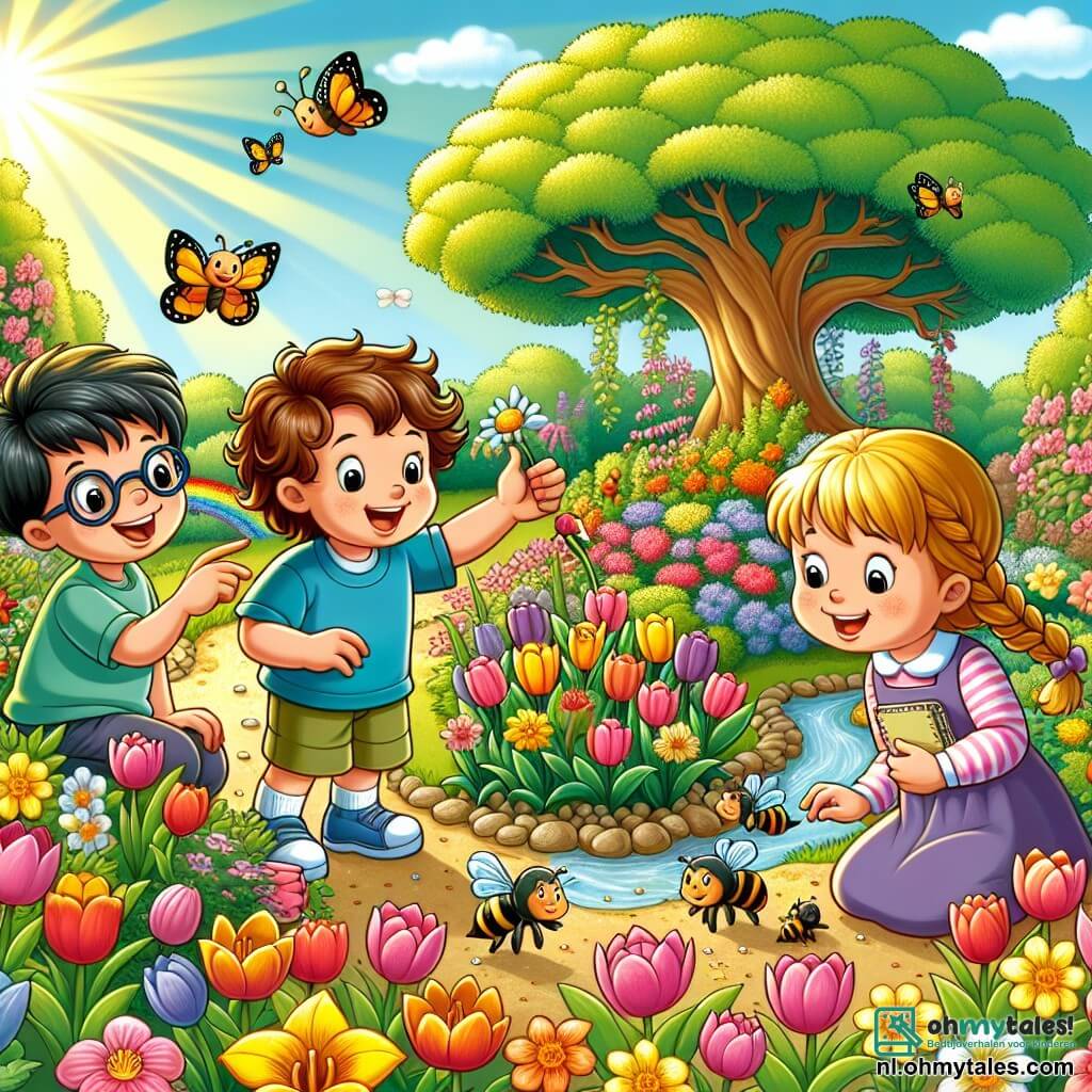 Illustratie van een grote tuin in volle bloei, verlicht door het gouden zonlicht van de lente. Kleurrijke bloemen, zoals tulpen en narcissen, bloeien rondom een klein grindpad. Op de achtergrond staat een grote boom met stralend groene bladeren majestueus, terwijl vogels vrolijk in de takken zingen. In de tuin zit een achtjarige jongen met bruin, krullend haar, gekleed in een blauwe t-shirt en korte broek. Hij is gehurkt, verwonderd, terwijl hij bijen observeert die nectar uit de bloemen halen. Naast hem staat een zevenjarig meisje met gevlochten blond haar en een roze jurk, dat glimlacht terwijl ze een klein schetsboek vasthoudt, klaar om te tekenen wat ze ziet. Een andere jongen van negen jaar, met een bril en zwart haar, staat rechtop met een kleine schep, enthousiast om zaden te planten. De scène toont de kinderen die de schoonheid van de natuur in de lente ontdekken. Kleurrijke vlinders fladderen om hen heen, en een klein beekje glinstert in de buurt, wat een vleugje magie aan de omgeving toevoegt. De kinderen zijn omringd door vreugde en enthousiasme, wat hun liefde voor de natuur en hun verlangen om te leren illustreert.
