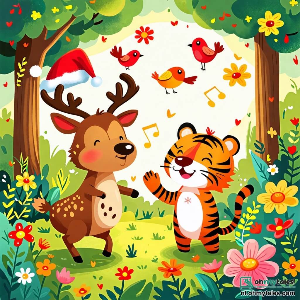 Une illustration sous forme de dessin destinée aux enfants représentant une clairière ensoleillée dans une forêt verdoyante, où un renne au pelage brun et aux grandes cornes majestueuses danse joyeusement en portant une grande et drôle de chapeau rouge, tandis qu'un tigre rayé aux yeux pétillants, avec un sourire malicieux, l'encourage en battant des pattes et en riant, le tout dans une ambiance ludique et colorée, avec des fleurs éclatantes et des oiseaux chantants autour d'eux.