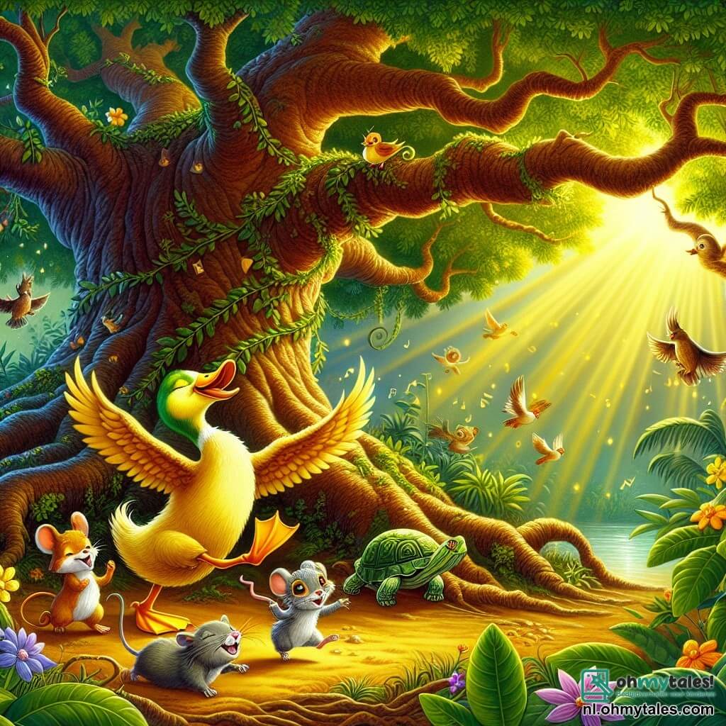 Illustratie die een vrolijke scène onder een majestueuze oude eikenboom weergeeft, met dikke wortels en heldergroene bladeren die gouden zonnestralen doorlaten. In het midden danst een eend met glanzende gele veren en een feloranje snavel enthousiast, met uitgespreide vleugels en een grote glimlach op zijn gezicht. Naast hem springt een klein muisje met sprankelende ogen en een grijze vacht van blijdschap, en een groene schildpad, met een nieuwsgierige blik, kijkt met een lichte glimlach naar de dans. De scène straalt een feestelijke sfeer uit, vol levendige kleuren, met stralende bloemen eromheen en andere jungle-dieren die zich verzamelen om het spektakel te bewonderen. Muzieknoten zweven door de lucht, wat een vleugje magie toevoegt aan dit moment van dans en kameraadschap.