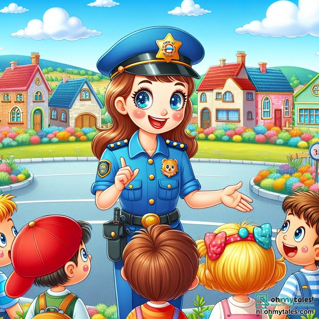 Une illustration sous forme de dessin destinée aux enfants représentant un village ensoleillé avec des maisons colorées et un grand parc verdoyant, où une policière souriante aux cheveux bruns et aux yeux pétillants, vêtue d'un uniforme bleu, explique aux enfants rassemblés autour d'elle comment traverser la rue en toute sécurité, tandis qu'un garçon aux cheveux roux avec une casquette rouge et une fille aux cheveux blonds avec un joli nœud dans les cheveux écoutent attentivement, entourés de rires et d'excitation, créant une atmosphère joyeuse et éducative.