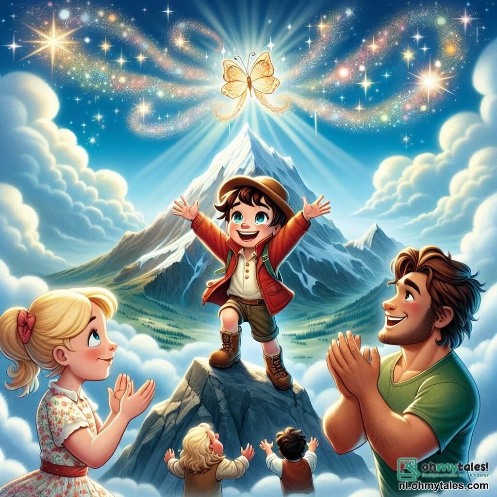 Illustration destinée aux enfants représentant une scène magique au sommet d'une majestueuse montagne, où le ciel est d'un bleu éclatant et des nuages cotonneux flottent doucement. Au centre, un garçon de 5 ans, aux cheveux châtains et aux yeux pétillants, porte une petite veste rouge et un chapeau d'aventurier, levant les bras en signe de triomphe après avoir rencontré une magnifique Glimworm aux couleurs chatoyantes qui scintille comme des étoiles. À ses côtés, une fille aux cheveux blonds, avec une robe fleurie, sourit avec émerveillement, tandis qu'un garçon aux cheveux bruns et aux bras musclés, vêtu d'un t-shirt vert, applaudit joyeusement. L'atmosphère est remplie d'une magie palpable, avec des éclats de lumière dansant autour d'eux, symbolisant l'accomplissement de leur souhait pour un monde heureux.