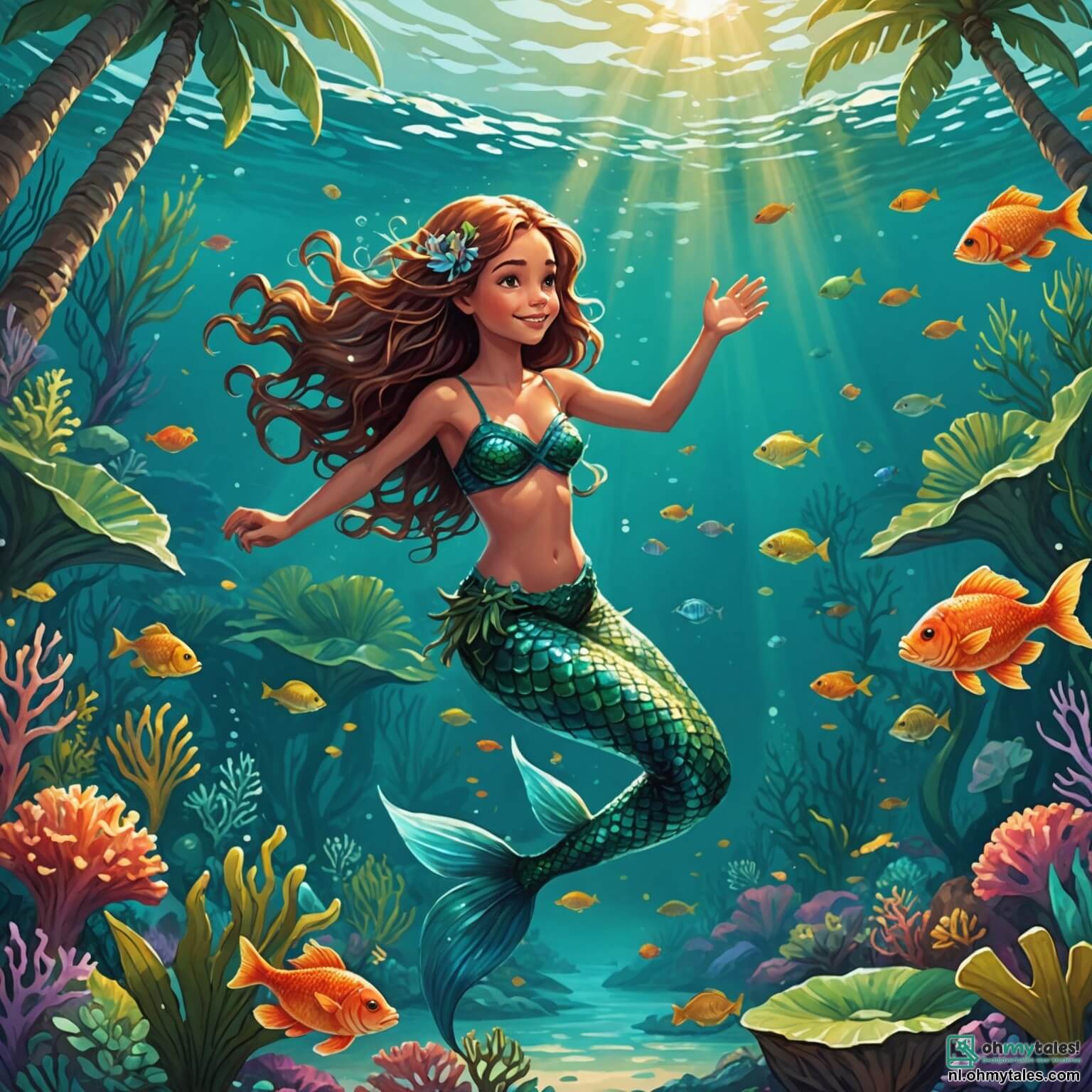 Une illustration destinée aux enfants représentant une sirène aux écailles scintillantes comme des étoiles, avec de longs cheveux ondulés flottant autour d'elle comme des algues dans l'eau, nageant joyeusement dans une lagune cachée, entourée de palmiers majestueux aux feuilles vert émeraude, où des poissons multicolores dansent autour de coraux flamboyants, tandis qu'un garçon intrépide à la chevelure brune, son meilleur ami, l'accompagne dans sa quête pour libérer une créature magique emprisonnée dans une coquille dorée, le tout baigné par la lumière dorée du soleil couchant qui illumine les vagues douces et scintillantes de l'océan.