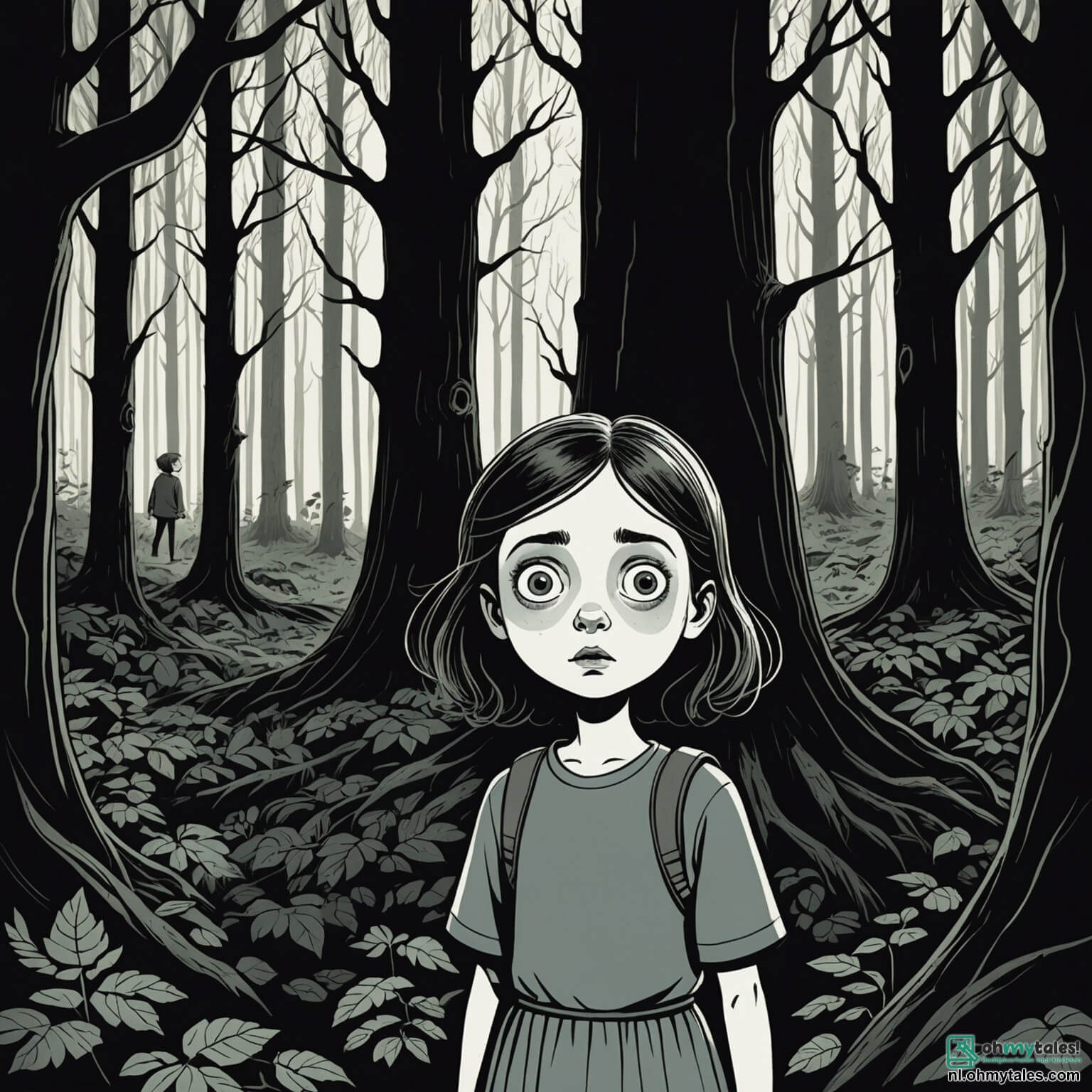 Une illustration destinée aux enfants représentant une jeune fille au visage pâle et aux yeux écarquillés, perdue dans une forêt sombre et dense où les arbres tordus semblent chuchoter des secrets terrifiants, entourée de bruits étranges et de silhouettes inquiétantes, tandis qu'elle cherche désespérément à retrouver son chemin vers la lumière, accompagnée d'un petit garçon aux cheveux en bataille qui tremble de peur à ses côtés, alors qu'un vent glacial souffle à travers les branches, faisant danser des ombres menaçantes sur le sol recouvert de feuilles mortes et de racines entrelacées, créant une atmosphère à la fois mystérieuse et angoissante.