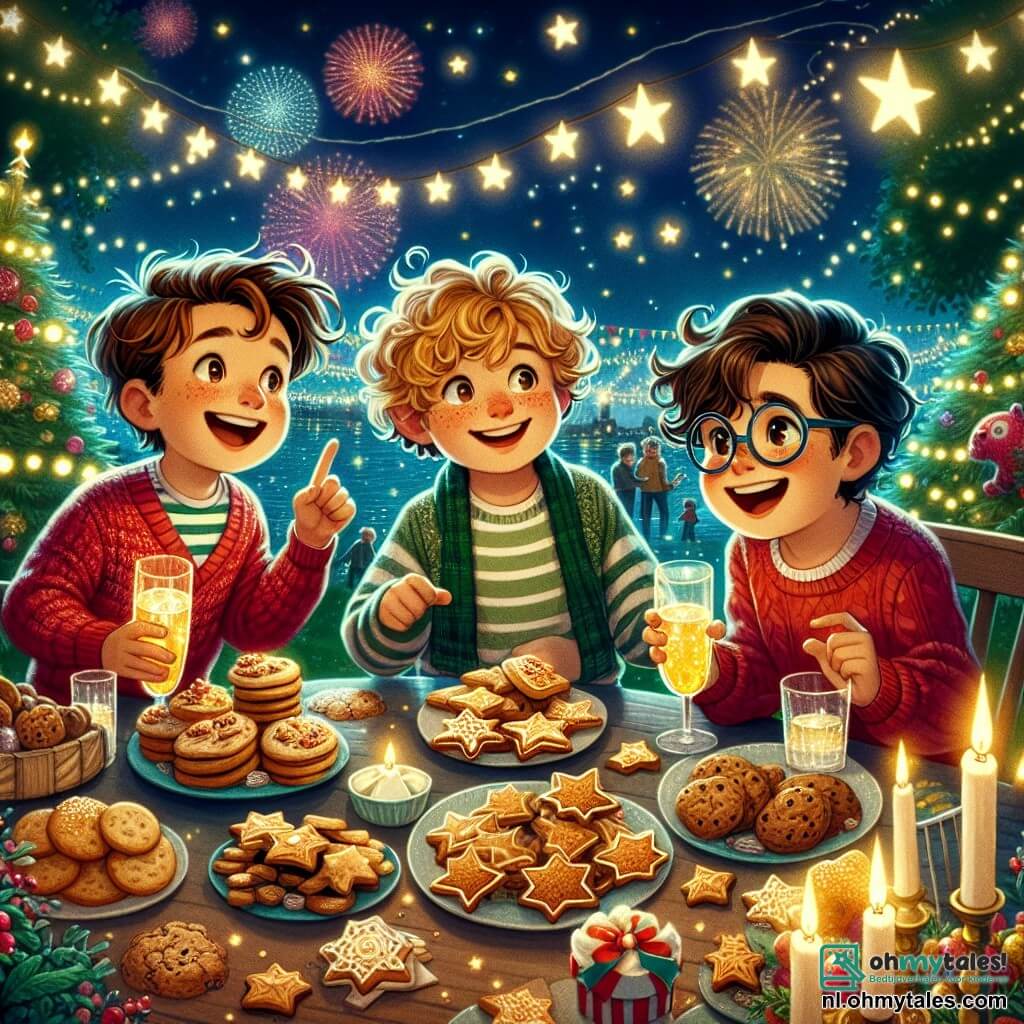 Illustratie van een feestelijke scène in een tuin verlicht door fonkelende lichtjes. In het midden staat een grote tafel versierd met lekkernijen, met borden vol sterrenvormige koekjes en sprankelende limonade. Drie jongens van ongeveer 10 jaar staan om de tafel: de eerste, met wild bruin haar, draagt een rode trui en glimlacht vrolijk terwijl hij een glas omhoog houdt. De tweede, met blond krullend haar, wijst naar een schatkaart met een nieuwsgierige blik. De derde, met een bril en een ondeugende glimlach, houdt een schaal met koekjes vast terwijl hij lacht. De sfeer is gevuld met magie en opwinding, met schitterende sterren aan de nachtelijke hemel. Kleurrijke lantaarns zweven rond en vuurwerk begint op de achtergrond te knallen, waardoor de lucht in felle kleuren oplicht. De personages zijn omgeven door een sfeer van kameraadschap en vreugde, klaar om het nieuwe jaar te vieren met een schattenjacht.