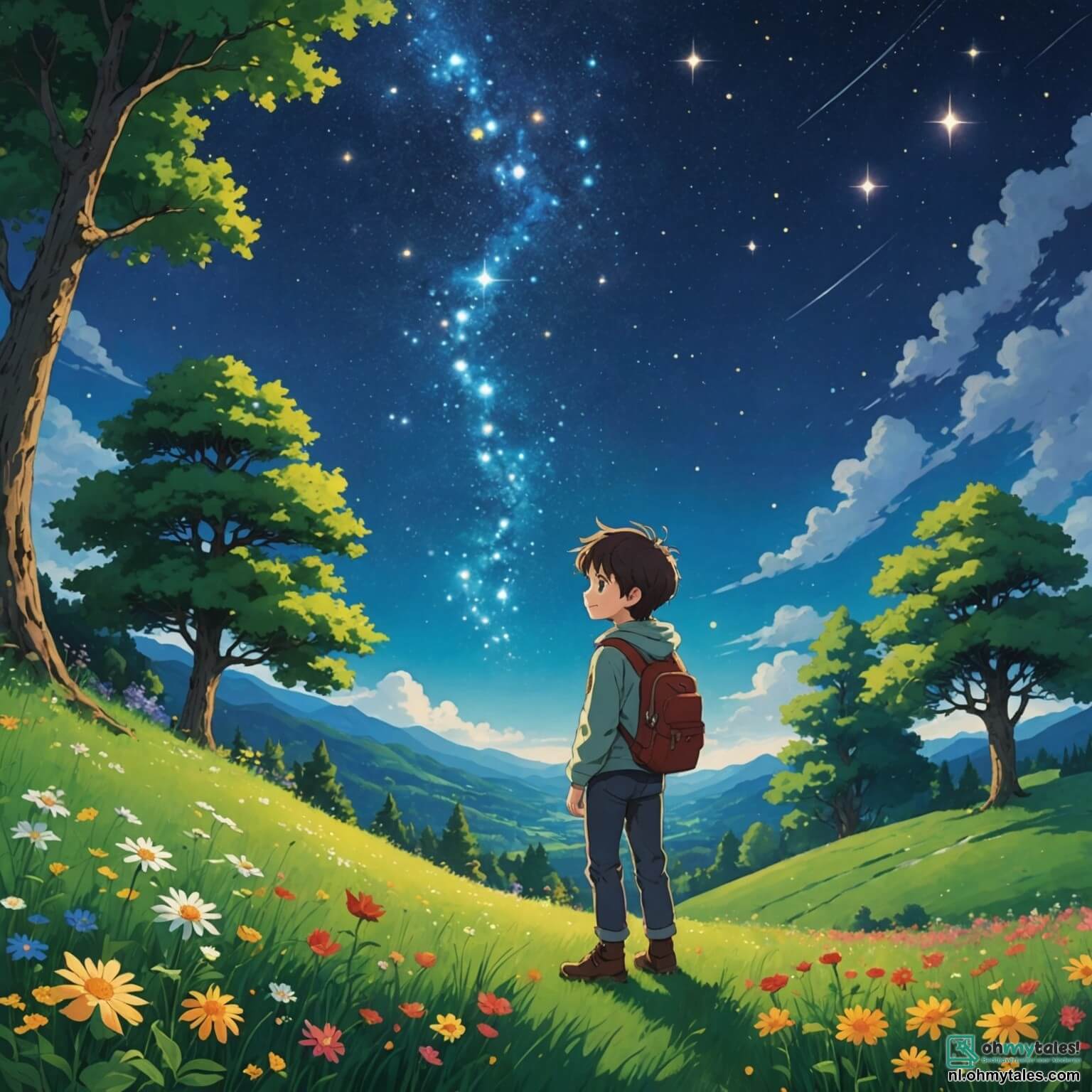 Une illustration destinée aux enfants représentant un garçon aux yeux pétillants de curiosité, dont le cœur déborde d'aventures, se tenant sur une colline verdoyante, entouré de fleurs colorées et de grands arbres aux feuilles dansantes, tandis qu'il scrute le ciel étoilé, cherchant à percer le mystère des étoiles, accompagné d'un vieux sage à la barbe blanche comme la neige, qui lui parle avec sagesse et douceur, et d'une belle nymphe aux cheveux d'eau, dont les écailles scintillent comme des diamants, le tout se déroulant dans un village pittoresque, où les maisons aux toits de chaume sont parsemées de jardins fleuris et de rivières scintillantes, créant une atmosphère magique et enchanteresse.