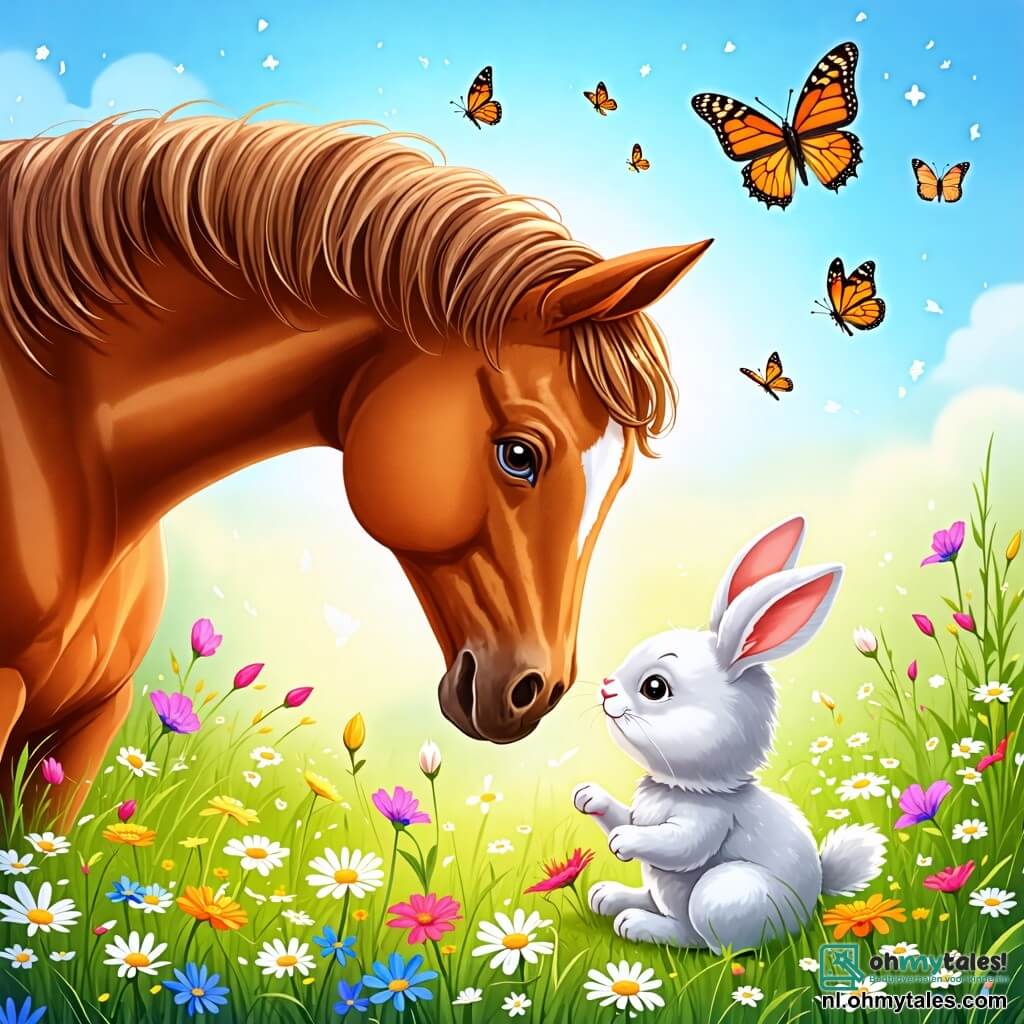 Une illustration sous forme de dessin destinée aux enfants représentant une vaste et verdoyante prairie parsemée de fleurs colorées sous un ciel bleu éclatant, où un majestueux cheval brun au pelage luisant se penche avec douceur vers un petit lapin blanc aux yeux pétillants, qui s'est blessé à une patte et regarde le cheval avec gratitude, tandis que des papillons virevoltent autour d'eux, symbolisant l'amitié et le soutien dans les moments difficiles.