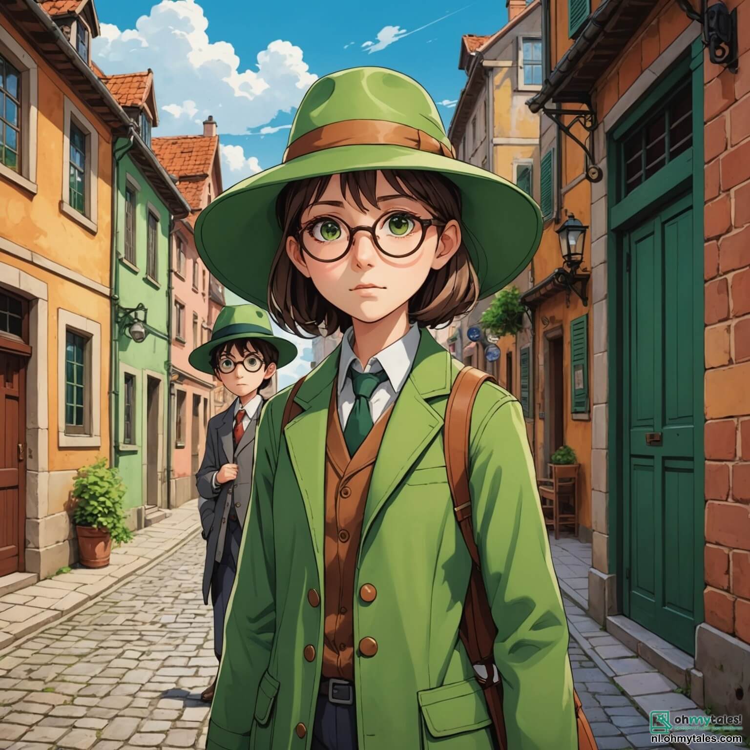 Une illustration destinée aux enfants représentant une femme détective au regard vif et déterminé, portant un grand chapeau vert qui lui donne une allure mystérieuse, se tenant au milieu d'une petite ville appelée Sterrenburg, où les maisons aux façades colorées et aux volets en bois s'alignent le long de rues pavées, tandis qu'un jeune garçon aux lunettes rondes, son meilleur ami, l'accompagne avec une expression d'excitation mêlée d'inquiétude sur son visage, alors qu'ils se lancent dans une quête palpitante pour retrouver les étoiles disparues, tout cela se déroulant dans un décor enchanteur, avec un vaste et sombre bois en arrière-plan, où les arbres majestueux se dressent comme des gardiens silencieux, prêts à révéler leurs secrets.