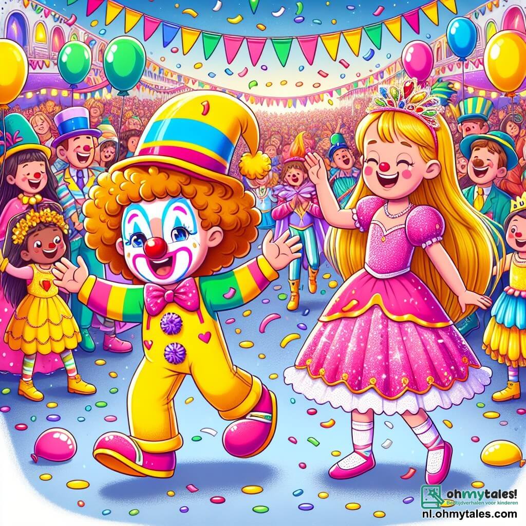 Une illustration sous forme de dessin destinée aux enfants représentant un carnaval coloré sur l'île Kleurige Eiland, avec un garçon de 4 ans aux cheveux bouclés et à la peau claire, vêtu d'un costume de clown jaune éclatant avec une grande nez rouge, qui danse joyeusement au milieu d'une foule de personnes en costumes variés, tandis qu'une petite fille aux cheveux longs et brillants, habillée en princesse avec une robe rose scintillante, l'encourage à s'amuser, le tout entouré de ballons colorés et de confettis flottant dans l'air, capturant l'esprit de joie et d'excitation de cette journée festive.