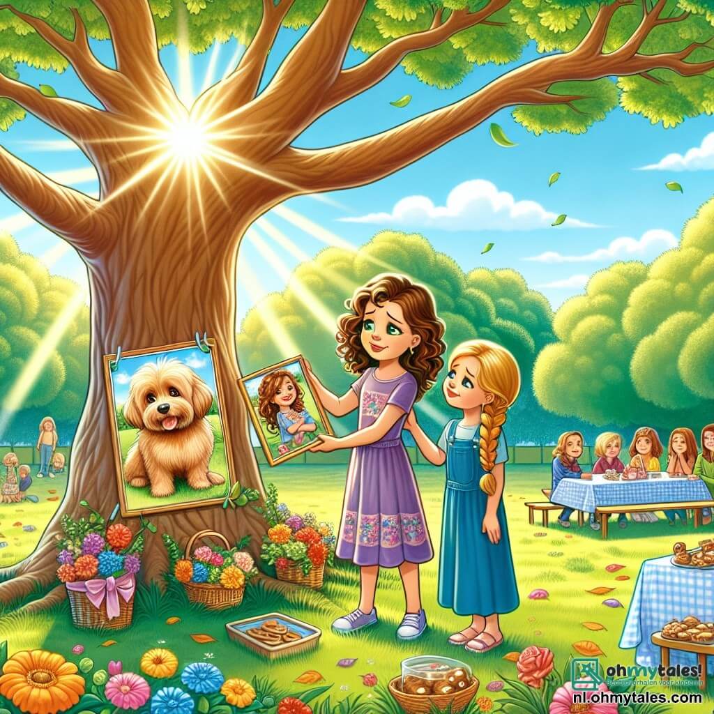 Illustratie van een emotionele scène in een zonnig park, waar een grote majestueuze eik schaduw biedt. De grond is bedekt met groene en gouden bladeren, en kleurrijke bloemen fleuren het gras op. Aan de voet van de boom zijn drie jonge meisjes van ongeveer 12 jaar samengekomen. Een van hen, een meisje met bruin, krullend haar, heeft sprankelende maar droevige ogen. Ze houdt een foto van haar hond in haar handen en kijkt met nostalgie. Naast haar kijkt een ander meisje met blond, steil haar haar met medeleven aan, terwijl haar hand op haar schouder rust. Het derde meisje, met kastanjebruin, gevlochten haar, glimlacht zachtjes om haar vriendin te troosten. De hoofdscène toont de meisjes die vreugdevolle herinneringen aan hun hond delen, wat een moment van verbinding en steun creëert. Op de achtergrond verzamelen vrienden en familie zich rond een kleine tafel versierd met koekjes en limonade, wat een vleugje warmte en gezelligheid toevoegt aan deze herdenkingsceremonie. Zonnestralen breken door de bladeren en verlichten de scène met een zachte, rustgevende gloed, wat hoop en herinnering symboliseert.