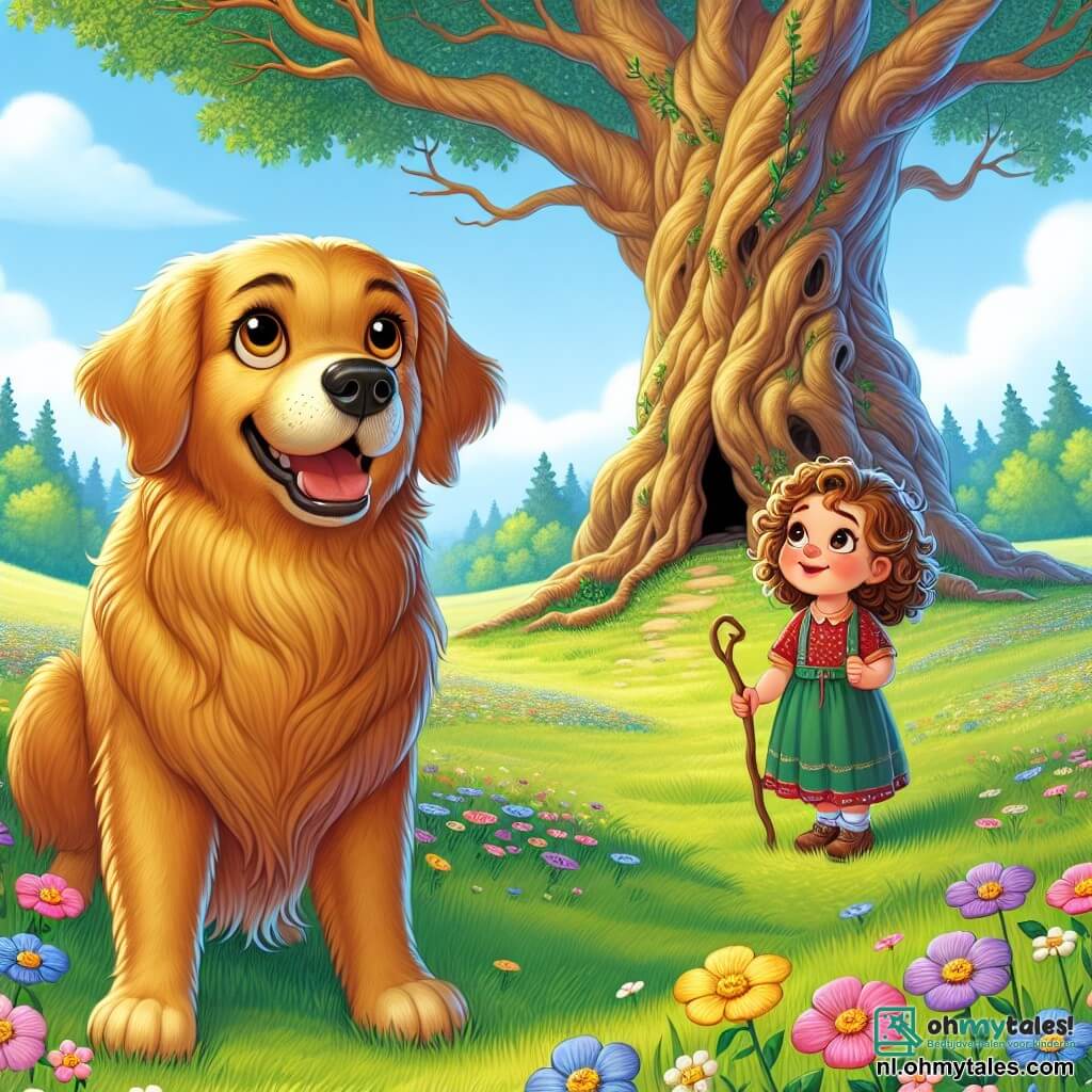 Une illustration sous forme de dessin destinée aux enfants représentant une vaste prairie verdoyante parsemée de fleurs colorées, où un grand chien golden retriever avec une fourrure dorée et des yeux pétillants, debout sur ses pattes arrière, regarde avec enthousiasme une petite fille aux cheveux bouclés et aux yeux brillants, qui tient un bâton dans sa main, tandis qu'en arrière-plan se dresse une majestueuse vieille chêne, symbole de magie, sous lequel se cache une mystérieuse ouverture menant à une aventure pleine de promesses.