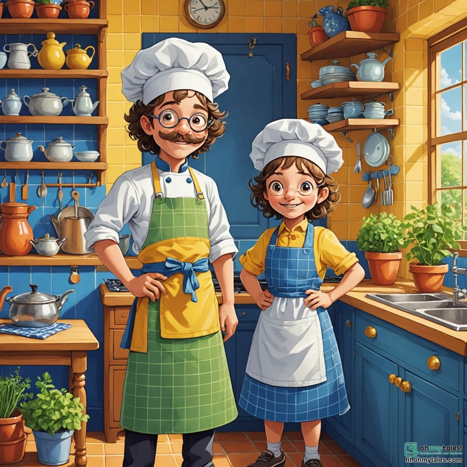 Une illustration destinée aux enfants représentant un chef cuisinier jovial et moustachu, vêtu d'une grande toque blanche et d'un tablier coloré, s'affairant dans sa cuisine ensoleillée aux murs carrelés de faïence bleue et jaune, où des pots d'herbes aromatiques dansent sur les étagères en bois, tandis que deux enfants, une fille aux cheveux bouclés et un garçon aux lunettes, l'observent avec des yeux émerveillés, impatients de découvrir les secrets d'une délicieuse pizza qu'ils s'apprêtent à concocter ensemble, entourés d'une douce odeur de pain chaud et de légumes frais.