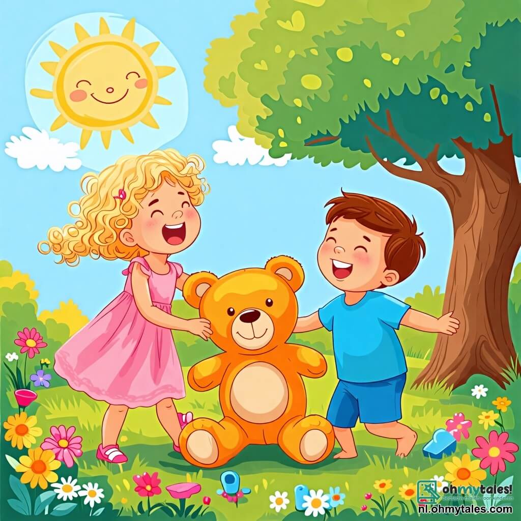 Une illustration sous forme de dessin destinée aux enfants représentant un jardin ensoleillé avec des fleurs colorées et un grand arbre, où une petite fille de 2 ans aux cheveux bouclés et blonds, portant une robe rose, rit en tenant une grande teddy bear en peluche, tandis qu'un garçon de 3 ans aux cheveux bruns et courts, vêtu d'un t-shirt bleu, s'amuse à sauter autour d'eux, tous deux partageant un moment de joie et d'amitié, entourés de jouets éparpillés sur l'herbe.