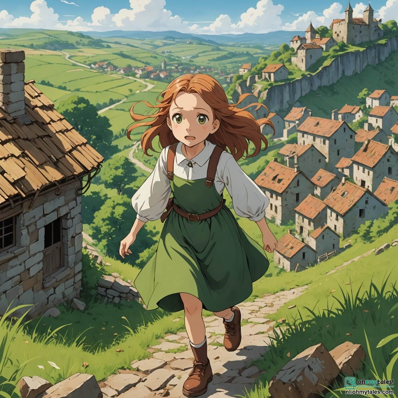 Une illustration destinée aux enfants représentant une femme courageuse aux cheveux châtains flottant au vent, vêtue d'une robe simple mais robuste, se tenant fièrement au sommet d'une colline verdoyante surplombant un petit village en ruines, où des enfants aux yeux pleins d'innocence, un garçon aux cheveux blonds et une fille aux tresses brunes, jouent à cache-cache entre les débris d'anciens bâtiments, tandis que la femme, avec une détermination lumineuse dans son regard, s'efforce de rassembler les villageois pour reconstruire leur communauté dévastée par la guerre, tout en se remémorant les histoires de bravoure de sa grand-mère, qui avait autrefois protégé ce même village des envahisseurs, le tout baigné dans la douce lumière dorée d'un coucher de soleil qui promet un nouvel espoir.