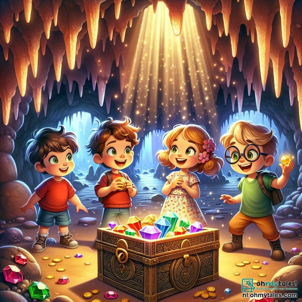 Illustratie van een magische scène in een mysterieuze grot. De grot is verlicht door fonkelende stalactieten die aan het plafond hangen, wat een feeërieke sfeer creëert. Schaduwen dansen op de muren, terwijl een grote houten kist met oude patronen openstaat in het midden, en kleurrijke edelstenen en glanzende gouden munten onthult. In deze scène zijn vier jonge avonturiers aanwezig: een vijfjarig jongetje met rommelig bruin haar, in een rode t-shirt en blauwe korte broek, kijkt met verwonderde ogen naar de kist. Naast hem staat een vijfjarig meisje met mooie blonde krullen, gekleed in een bloemenjurk, dat vrolijk glimlacht terwijl ze een edelsteen vasthoudt. Een andere vijfjarige jongen met ronde bril en kastanjebruin haar bestudeert aandachtig de kaart die hij vasthoudt, terwijl een vijfjarig meisje met vlechten en een groene t-shirt, vastberaden, naar een mysterieus pad in de grot wijst. De hoofdscène toont de kinderen die de kist vol schatten ontdekken, hun gezichten verlicht door vreugde en opwinding, klaar om hun ongelooflijke ontdekking te delen. Aanvullende elementen zijn kleurrijke bloemen bij de ingang van de grot en kleine magische wezens, zoals vuurvliegjes, die om hen heen vliegen en een vleugje magie aan dit onvergetelijke avontuur toevoegen.