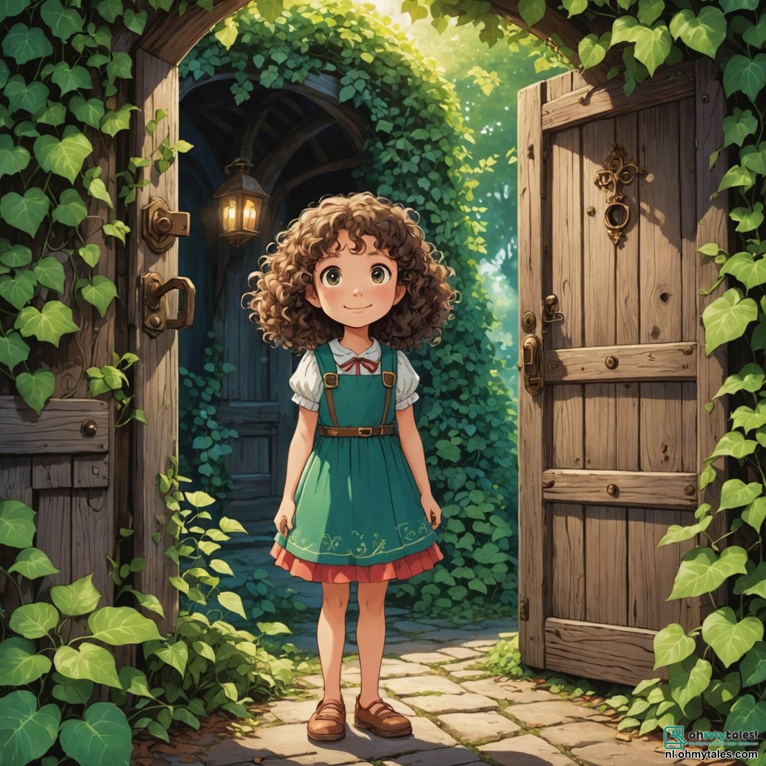 Une illustration destinée aux enfants représentant une petite fille aux cheveux bouclés et aux yeux pétillants, vêtue d'une robe colorée, se tenant devant une vieille porte en bois couverte de lierre, qui s'ouvre sur un chemin mystérieux menant à un forêt enchantée, où elle se lance dans une quête magique pour trouver des clés cachées, accompagnée de son meilleur ami, un garçon souriant et intrépide, tout en évoluant dans le décor vibrant d'Amsterdam, avec ses canaux scintillants, ses maisons aux façades colorées et ses ruelles pavées, où la magie se mêle à la réalité dans un monde où les secrets attendent d'être découverts.