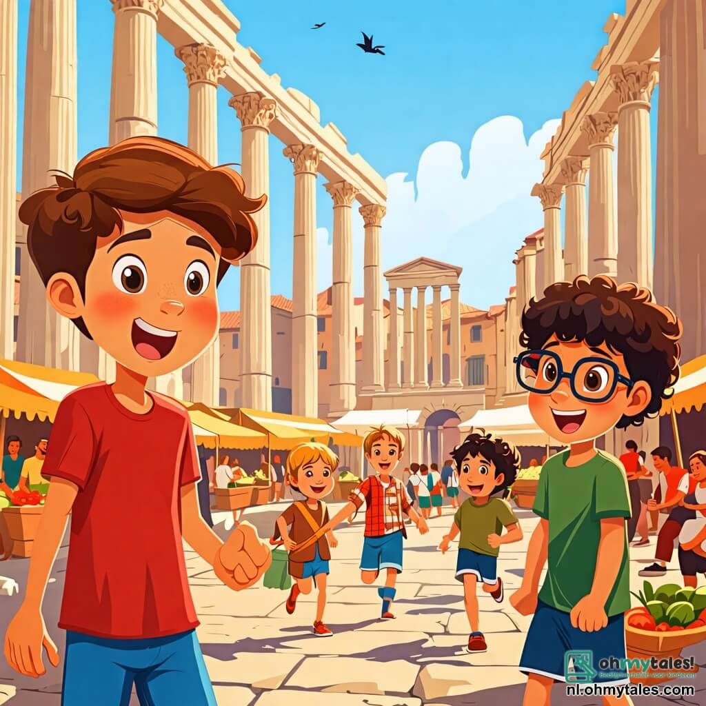 Illustratie die een levendige scène in een oude Romeinse stad weergeeft, met warme stenen gebouwen, majestueuze zuilen en drukke markten. Op de voorgrond staan drie jongens van ongeveer 10 jaar: de eerste, met rommelig bruin haar, draagt een rode t-shirt en een blauwe short, met een grote glimlach van opwinding; de tweede, met een bril en blond haar, is gekleed in een geruite shirt en kijkt nieuwsgierig om zich heen; de derde, met zwart krullend haar, draagt een groene t-shirt en lacht terwijl hij speelt met een groep Romeinse kinderen. De hoofdscène toont de jongens die een tijdmachine ontdekken, een oude cabine versierd met fonkelende lichten en kleurrijke knoppen, die een mysterieuze gloed uitstraalt. Op de achtergrond verkopen verkopers exotisch fruit en glinsterende sieraden, terwijl Romeinse kinderen met een bal spelen, wat een sfeer van vreugde en avontuur creëert. Vogels vliegen in de blauwe lucht, wat een vleugje leven aan deze magische scène toevoegt.