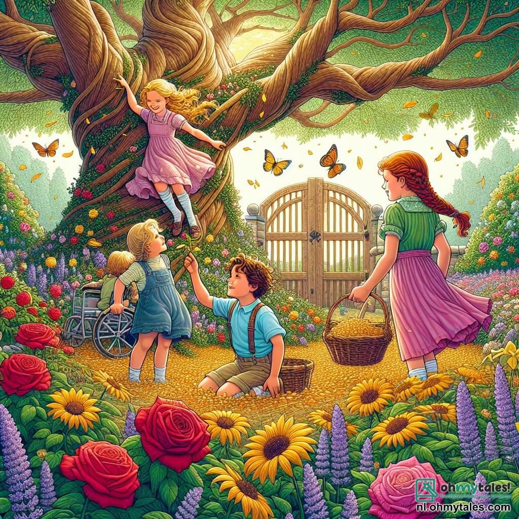 Illustratie van een magische scène in een oude en uitgestrekte tuin. De grond is bedekt met kleurrijke bloemen, met rode rozen, gele zonnebloemen en paarse lavendel die zachtjes dansen in de bries. In het midden staat een enorme en majestueuze Wensboom, met een dikke stam en takken versierd met glinsterende gouden bladeren. In deze scène zijn vier kleine avonturiers samengekomen. De eerste is een 8-jarig meisje met lang bruin haar en sprankelende ogen, gekleed in een roze jurk en sandalen. Ze klimt op een lage tak van de boom, met een stralende glimlach op haar gezicht. Naast haar staat een ander meisje van 7 jaar met vlechten in haar blonde haar, in een blauwe t-shirt en korte broek. Ze steekt haar hand uit om een gouden blad te pakken dat in de zon schittert. Iets verderop zit een 9-jarig meisje met rood haar en een bril in haar rolstoel, enthousiast kijkend naar haar vriendinnen met een grote glimlach op haar lippen. Ten slotte is er een 8-jarig meisje met krullend haar in een groene jurk, dat in een hurkende positie een klein mandje vasthoudt om de gouden bladeren te verzamelen. De hoofdscène toont de meisjes die gouden bladeren van de magische boom verzamelen, met lichtflitsen die hun blije gezichten verlichten. Kleurrijke vlinders fladderen om hen heen en voegen een vleugje magie toe aan de sfeer. Op de achtergrond laat het oude houten hek, bedekt met klimop, een wereld van avonturen zien die te verkennen is.