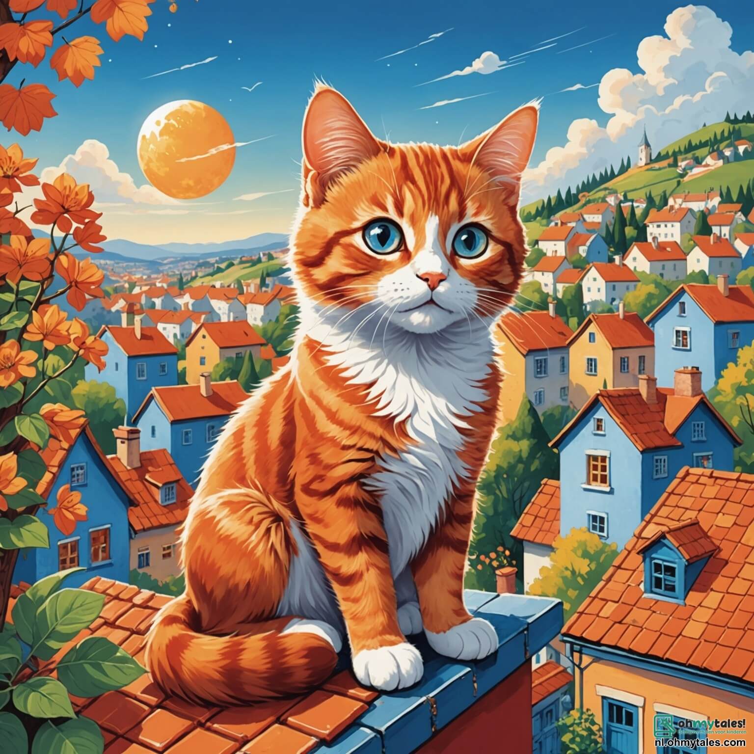Une illustration destinée aux enfants représentant un chat aux yeux pétillants de curiosité, avec une fourrure douce et soyeuse d'un orange éclatant, se tenant fièrement sur un toit en tuiles rouges, surplombant un charmant village aux maisons colorées aux volets bleus et aux jardins fleuris, tandis qu'il rêve de s'aventurer dans un mystérieux et enchanteur bois aux arbres majestueux aux feuilles scintillantes, où il rencontrera une bande d'animaux joyeux, dont un sage hibou aux plumes dorées et une espiègle écureuil à la queue touffue, tous réunis pour célébrer l'amitié et la magie de la nature.