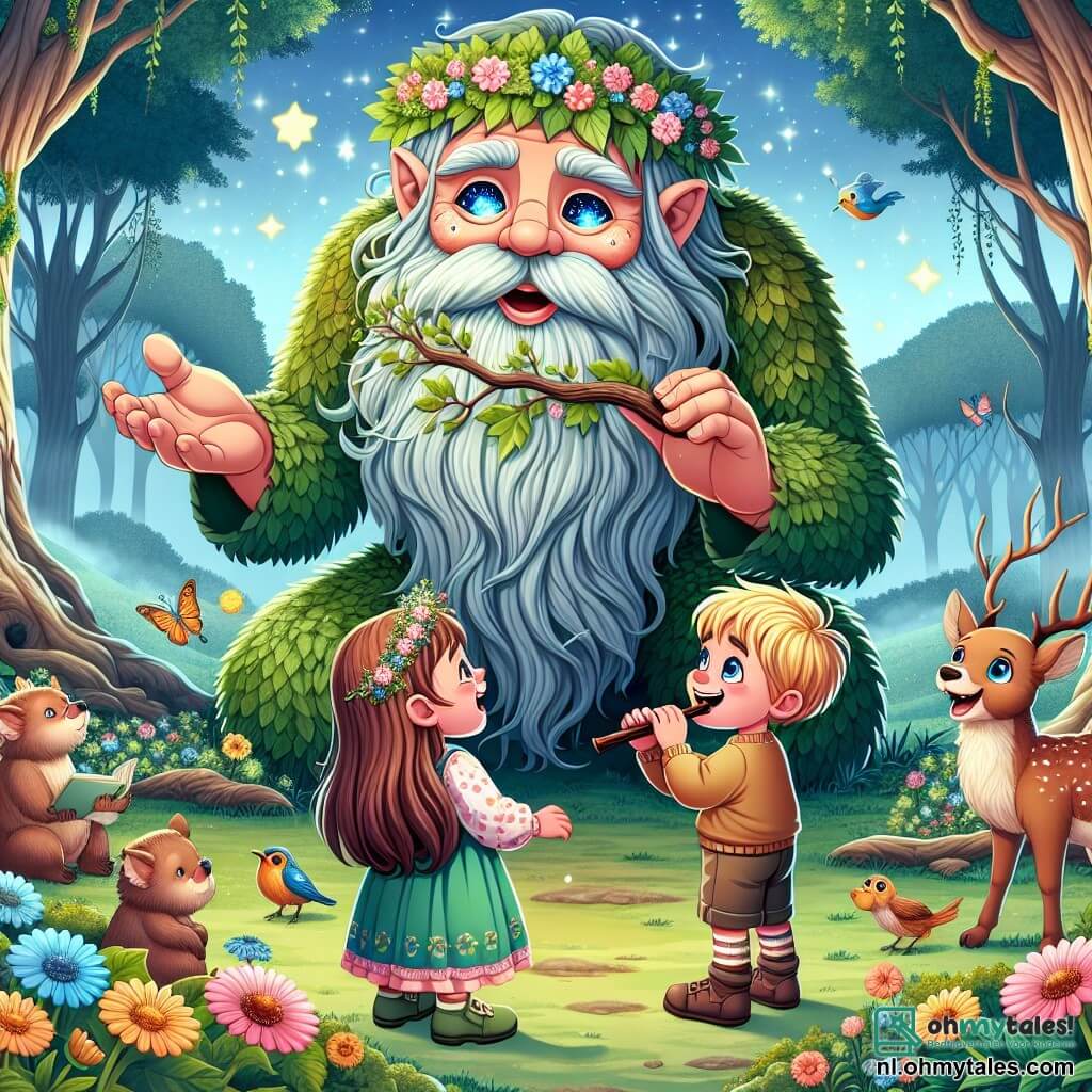 Une illustration sous forme de dessin destinée aux enfants représentant une vaste clairière enchantée au cœur d'une forêt magique, où un géant au visage bienveillant, avec une longue barbe de feuillage et des yeux brillants comme des étoiles, se penche pour écouter attentivement deux enfants : une fille aux cheveux bruns et aux yeux pétillants, tenant une harmonica, et un garçon aux cheveux blonds enjoués, brandissant une branche comme un bâton de tambour, alors qu'ils partagent avec enthousiasme leur quête pour restaurer la magie de la nature et retrouver les autres géants disparus, entourés de fleurs colorées et d'animaux curieux observant la scène.