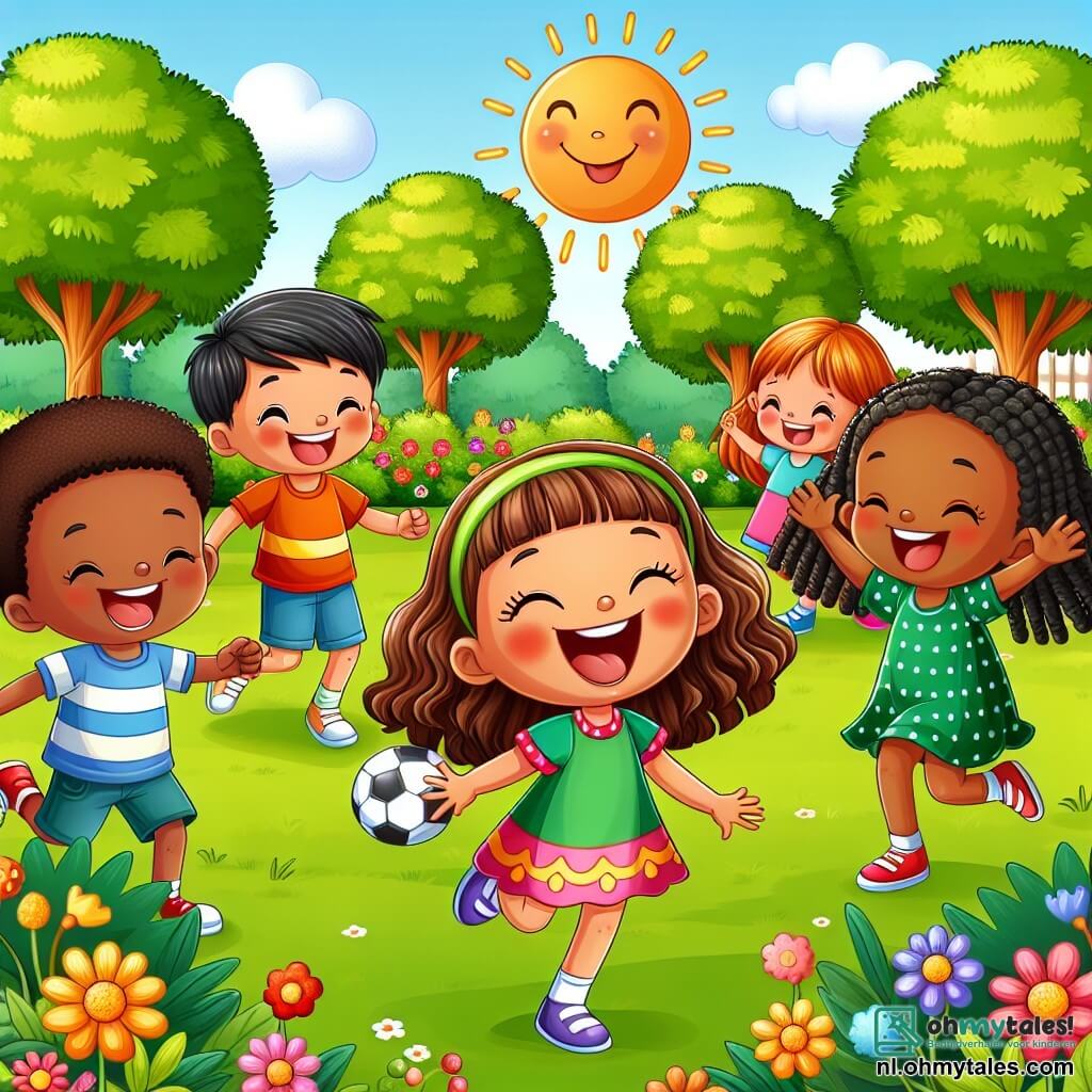 Une illustration sous forme de dessin destinée aux enfants représentant un parc ensoleillé avec des arbres verdoyants et des fleurs colorées, où une fille de 7 ans aux cheveux bruns et bouclés, vêtue d'une robe colorée, rit joyeusement en jouant au ballon avec un garçon aux cheveux noirs et à la peau brune, et une fille aux longues tresses et à la peau caramel, tous deux souriants et pleins d'énergie, illustrant un moment de partage et de joie entre amis de cultures différentes, célébrant la diversité et l'amitié.