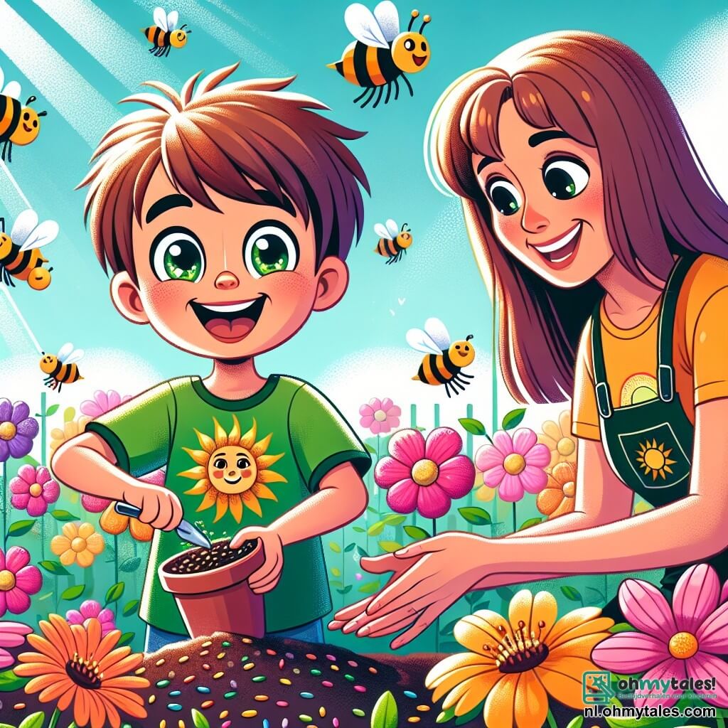 Une illustration sous forme de dessin destinée aux enfants représentant un jardin coloré rempli de fleurs éclatantes, où un garçon de 7 ans aux cheveux châtains et aux yeux pétillants, vêtu d'un T-shirt vert avec un soleil, s'active joyeusement à planter des graines, tandis qu'une femme d'âge moyen, sa mère, aux cheveux bruns et en blouse de jardin, l'observe avec un sourire bienveillant, et des abeilles bourdonnent autour d'eux, symbolisant l'importance de la nature et de la protection des pollinisateurs dans un contexte de sensibilisation au changement climatique.